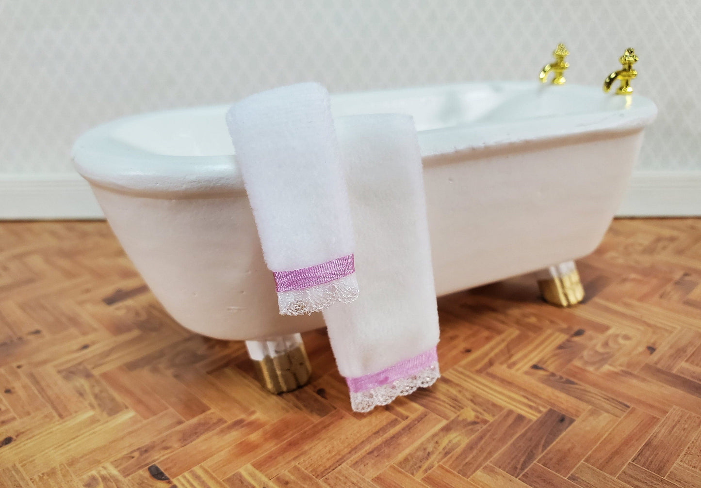 Dollhouse White Bath Towels with Lace and Pink Ribbon Set of 2 1:12 Scale Miniature Bathroom