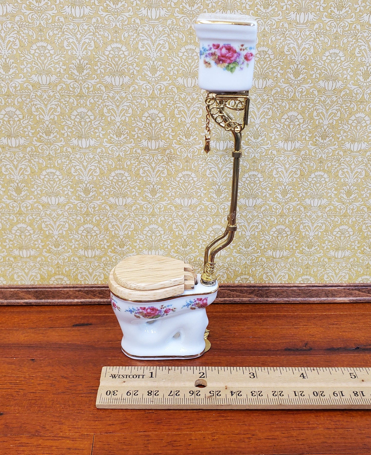 Reutter's Dollhouse Toilet High Tank Vintage Style Porcelain 1:12 Scale Dresden Rose Pattern
