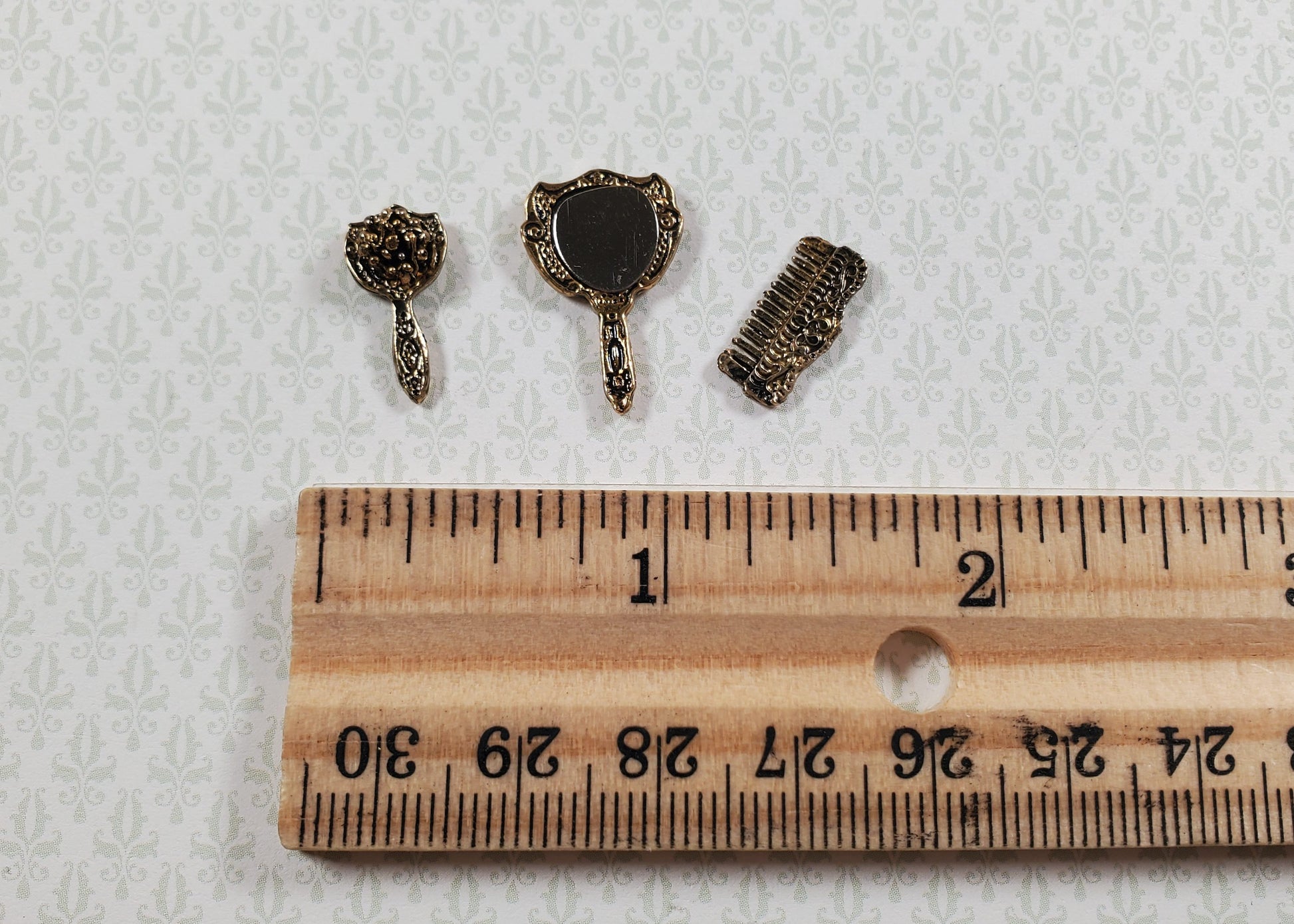 Dollhouse Comb Brush Hand Mirror Vanity Set Antique Gold Metal 1:12 Scale