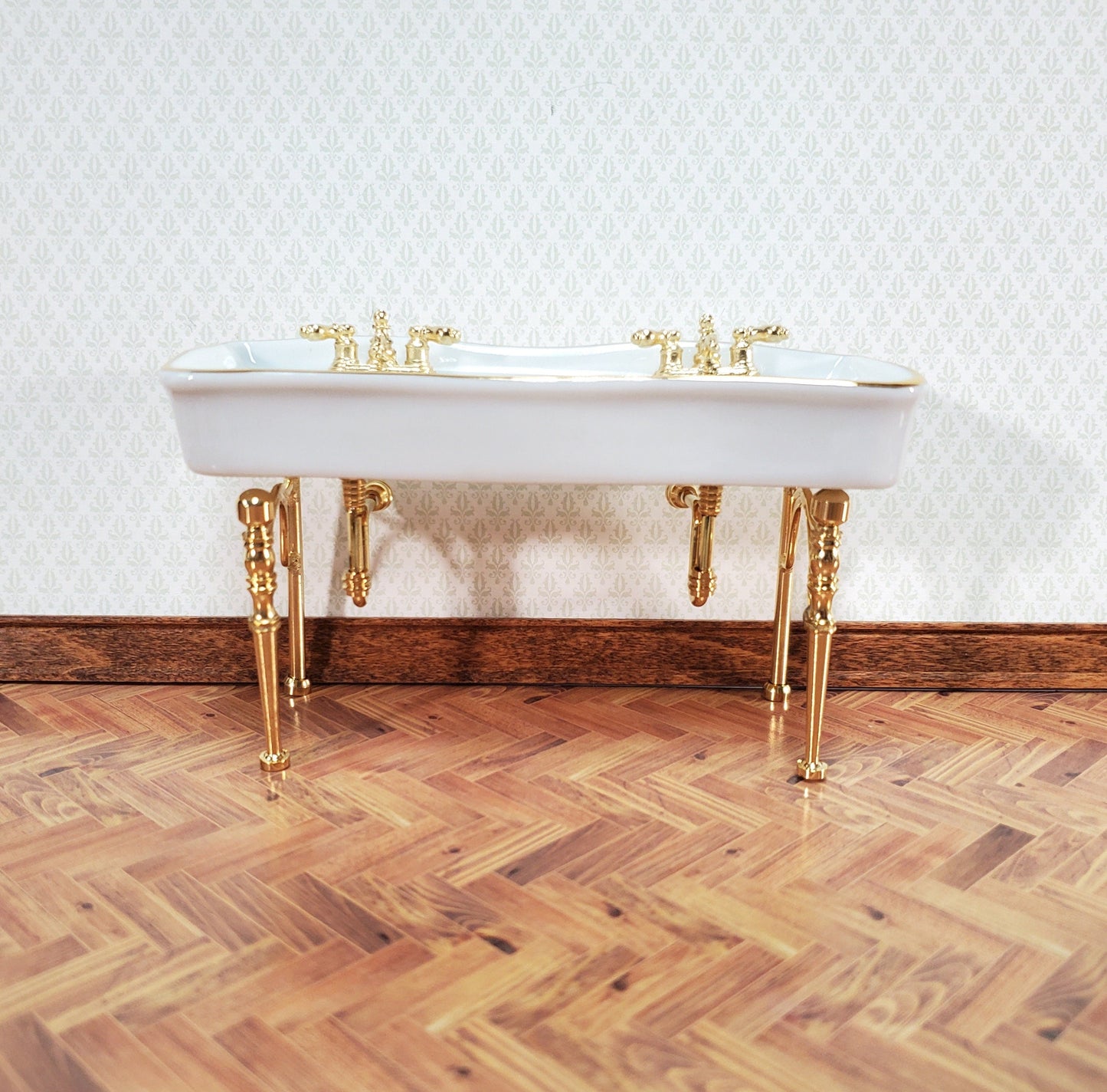 Reutter Porcelain Dollhouse Double Sink White Gold Bathroom 1:12 Scale Miniature