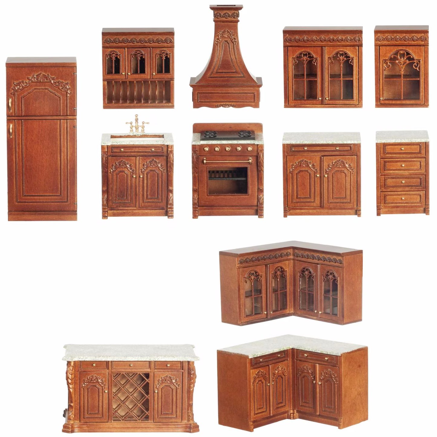 JBM Dollhouse Deluxe Kitchen Set 12 Pcs Stove Sink Cupboards Fridge Walnut 1:12