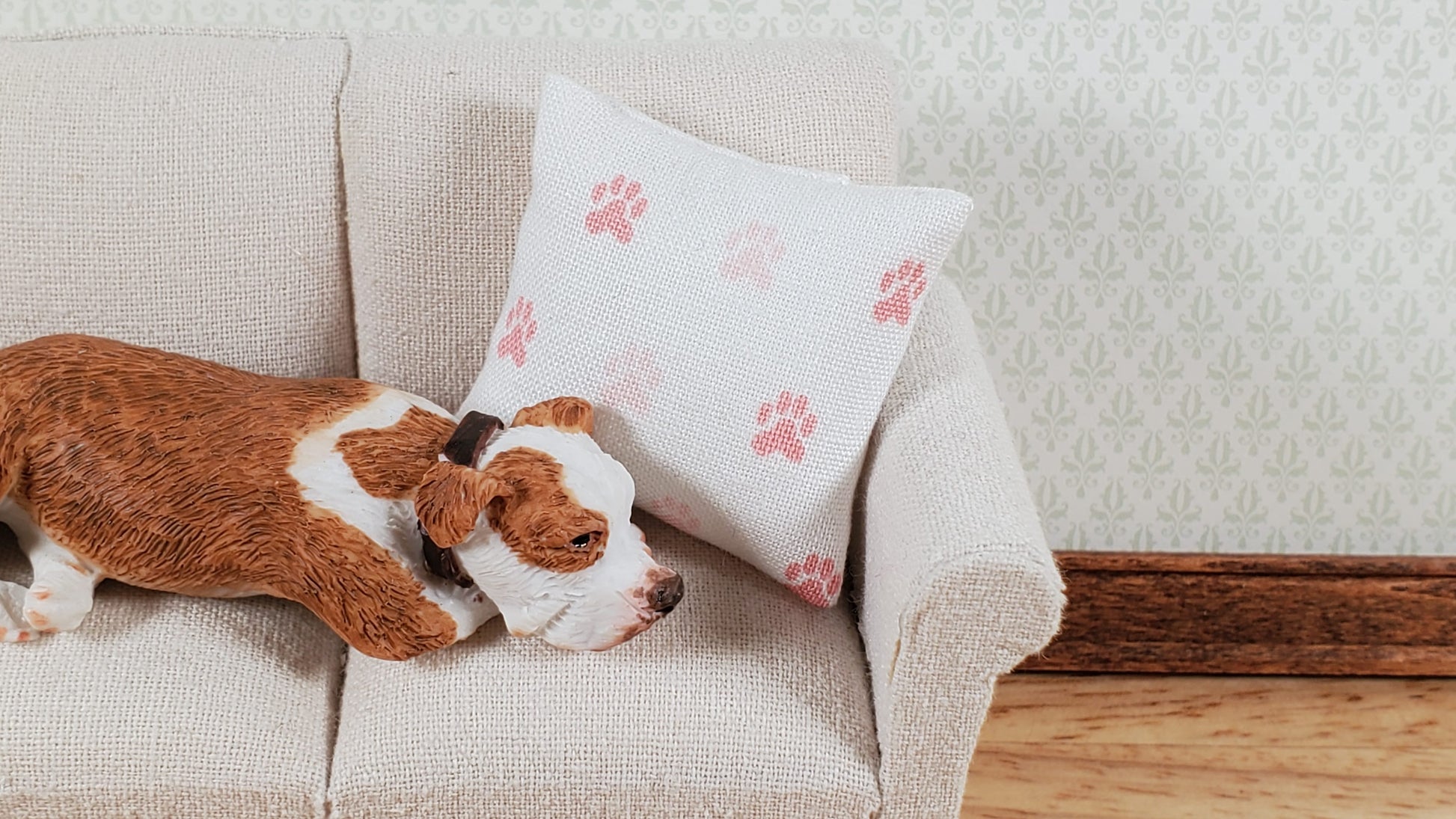 Dollhouse Pillow with Paw Prints White and Pink Handmade 1:12 Scale Miniature
