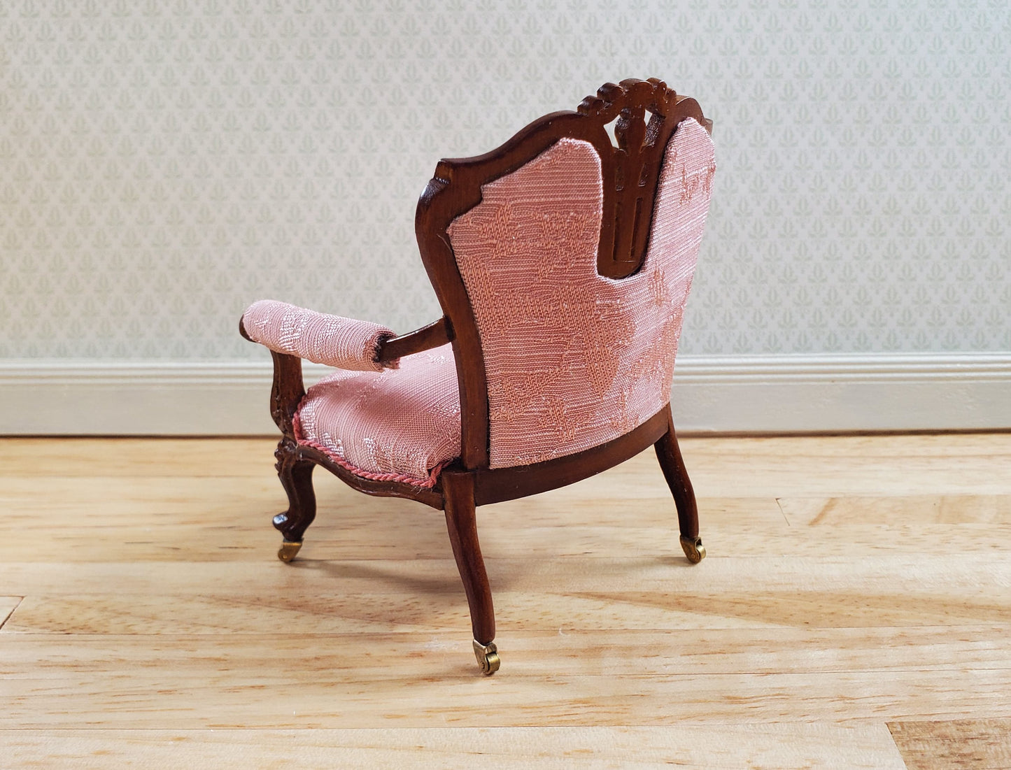 JBM Dollhouse Pink Arm Chair Victorian Style Walnut Finish 1:12 Scale