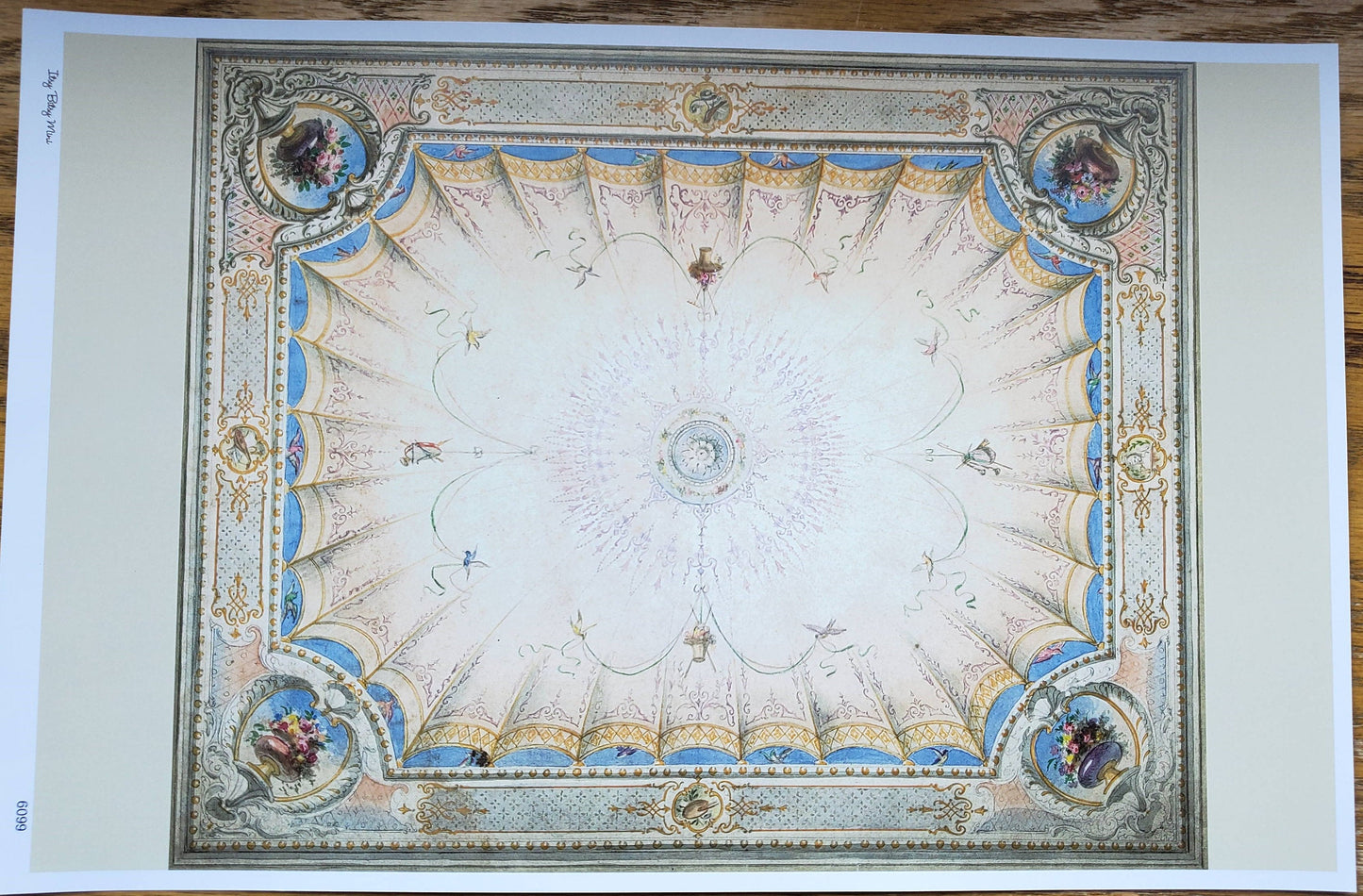 Dollhouse Ceiling Mural Wallpaper Painted Style Cream Blue Floral 1:12 Scale Itsy Bitsy