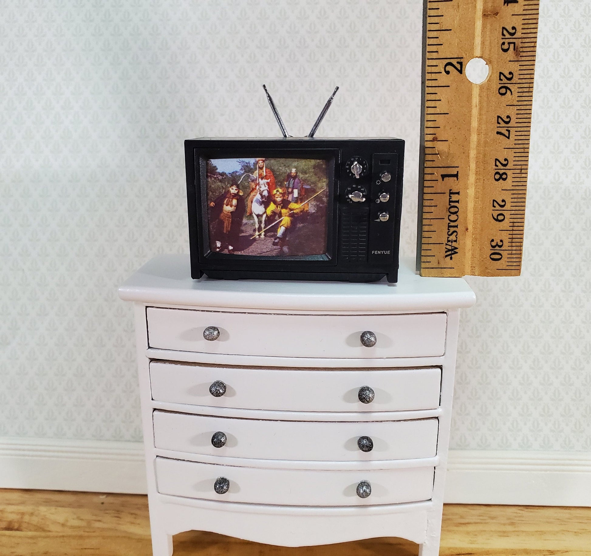 Dollhouse Television TV Set Retro 1970s Style Black Miniature Accessory