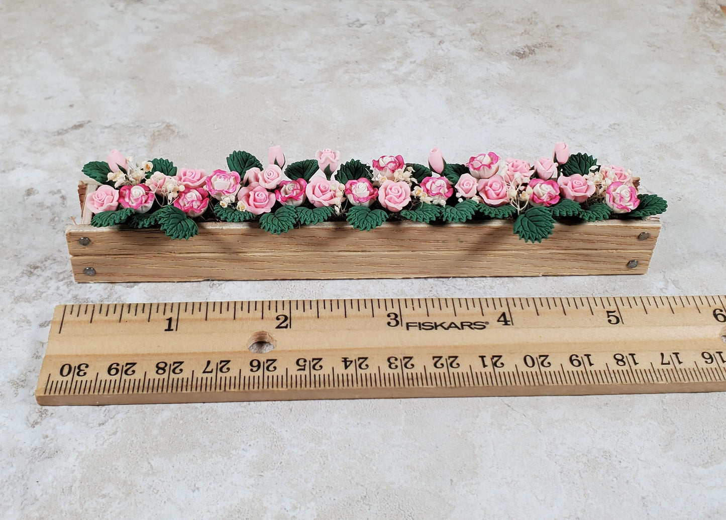 Dollhouse Pink & White Roses in a 5.5" Window Box Planter 1:12 Scale Miniature