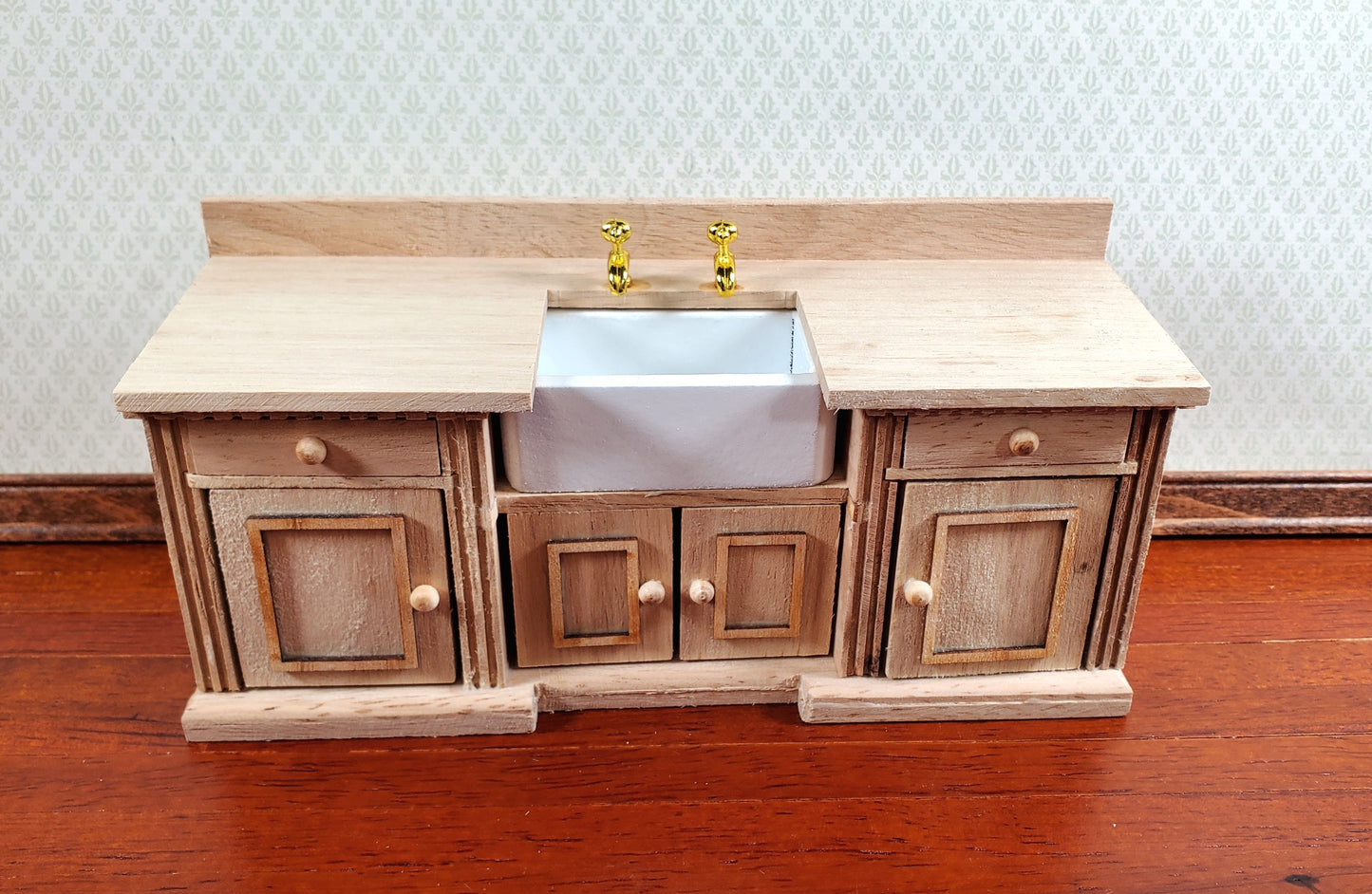 Dollhouse Kitchen Sink with Counter Cabinet 1:12 Scale Miniature Unpainted Wood