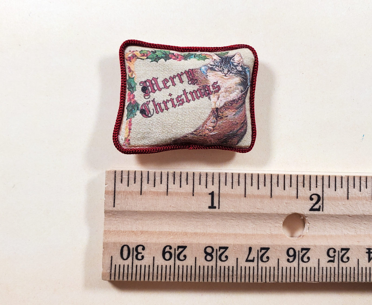 Dollhouse Christmas Cat Vintage Style Pillow Handmade 1:12 Scale Miniature