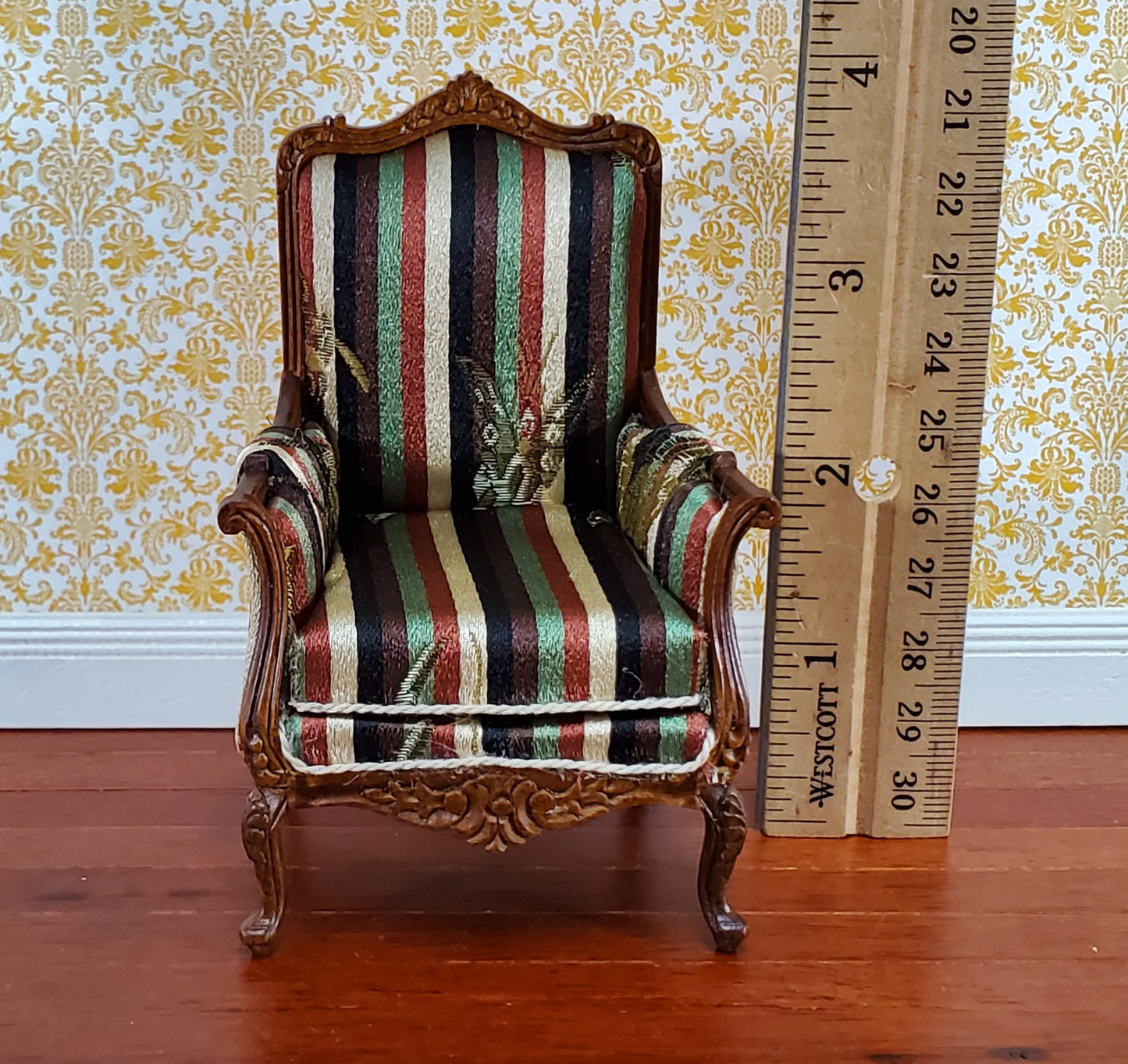 JBM Dollhouse Chair Victorian Style Striped Neutral Fabric 1:12 Scale Furniture