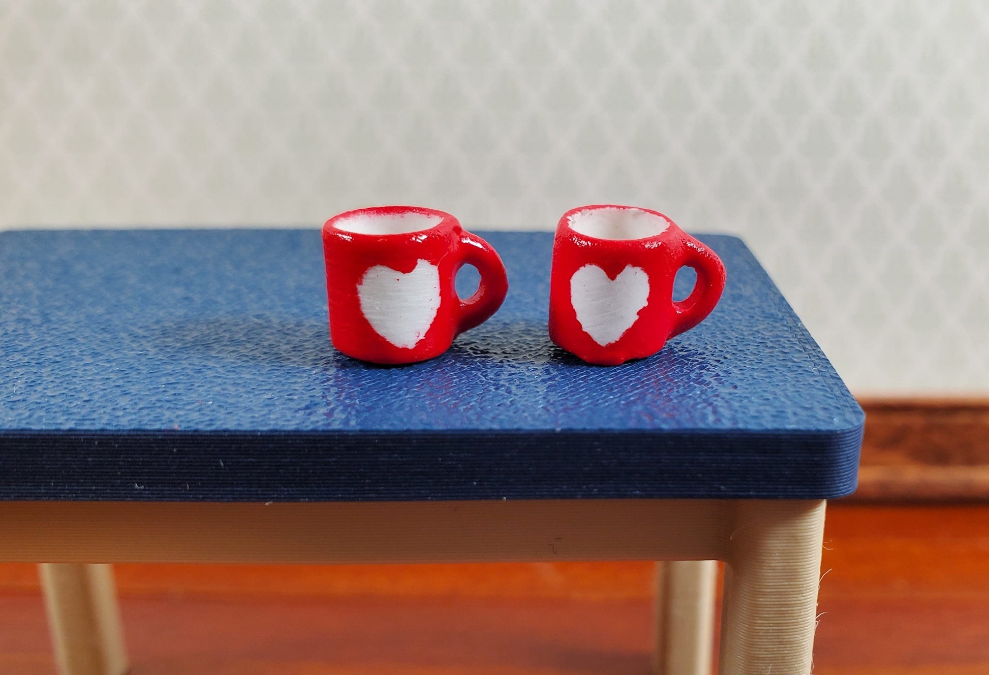 Dollhouse Coffee Mugs Red with White Heart 1:24 Scale Set of 2 Small Dishes