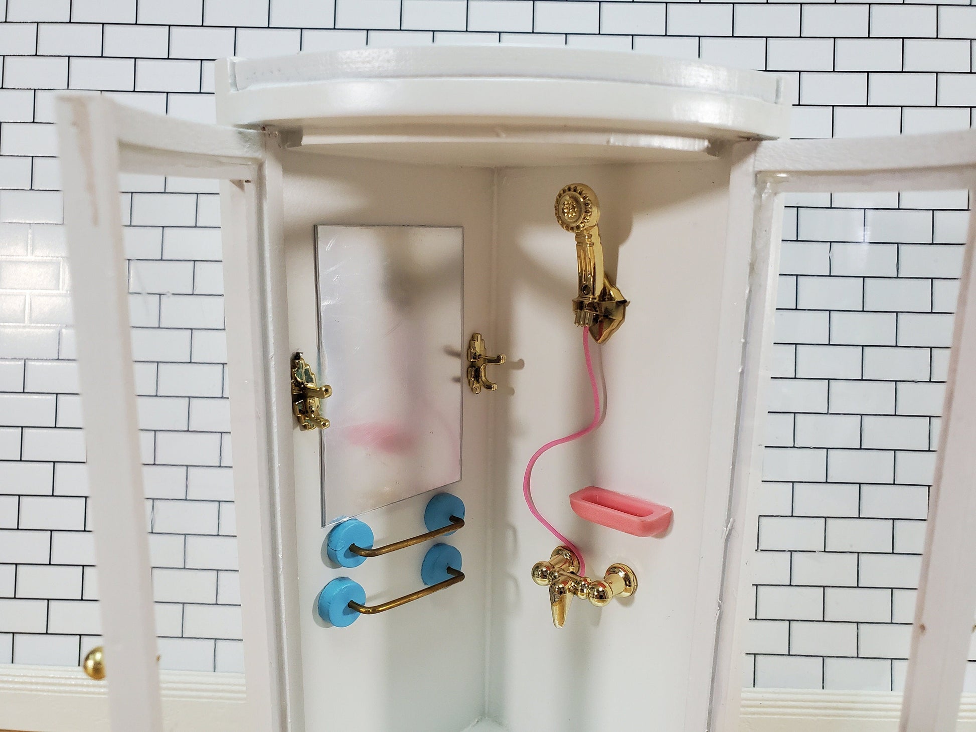 Dollhouse Corner Shower Modern Wood 1:12 Scale Miniature Bathroom White