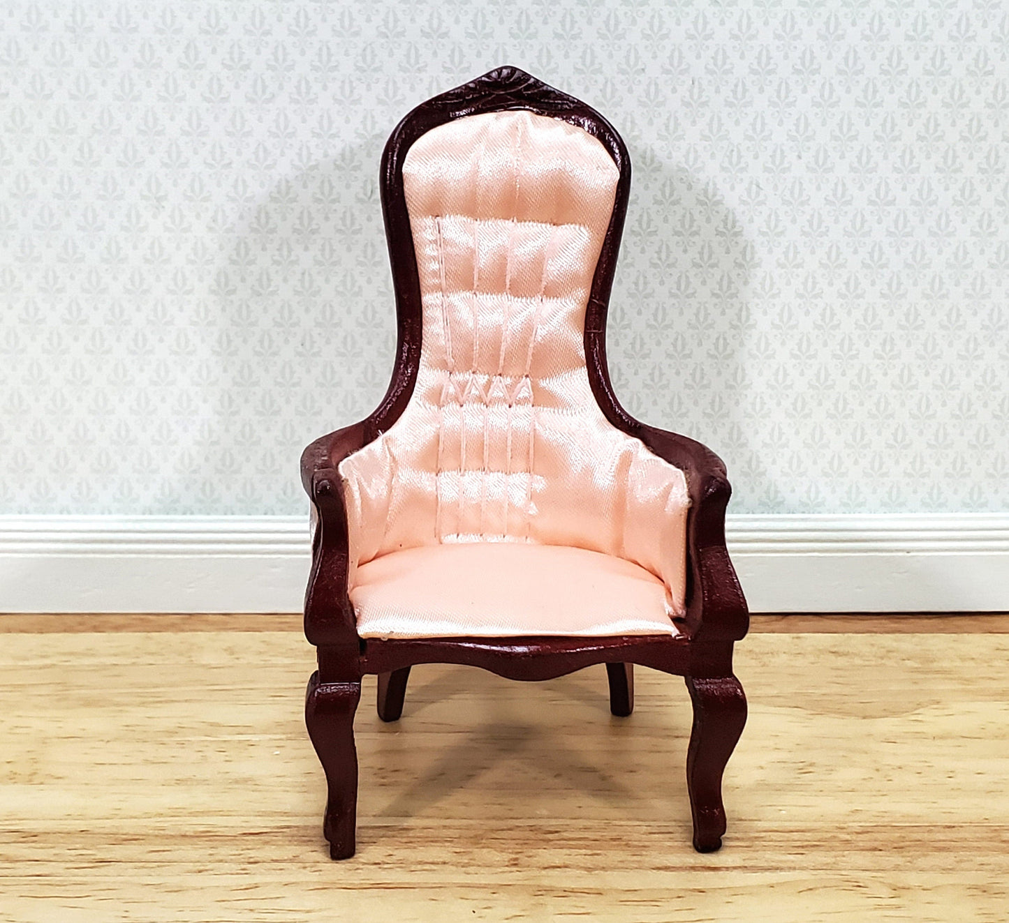 Dollhouse Gentlemen's Chair Victorian Pink & Mahogany Finish 1:12 Scale Miniature Furniture