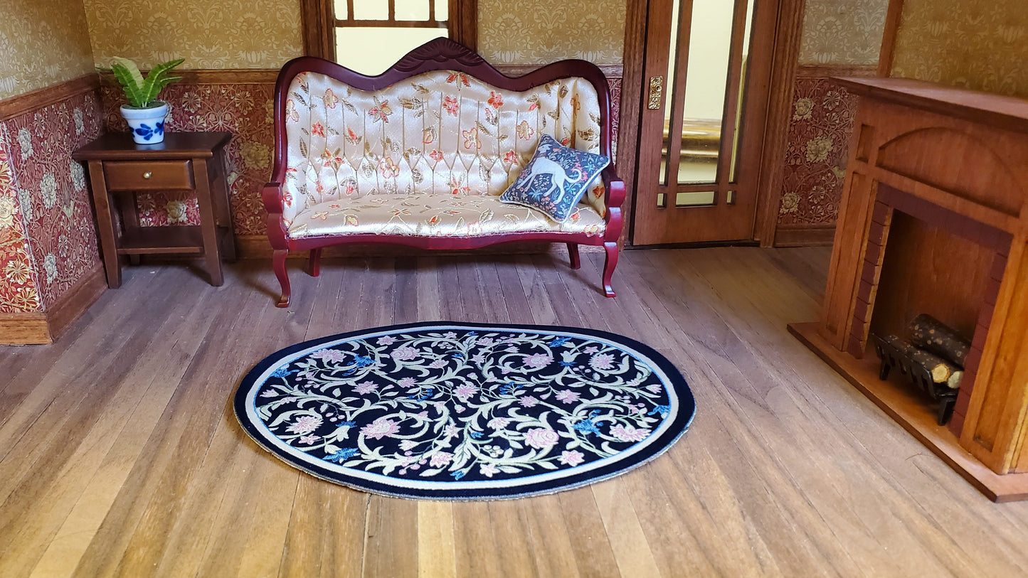 Dollhouse Oval Rug Fabric Navy Blue Pink Floral 1:12 Scale Miniature