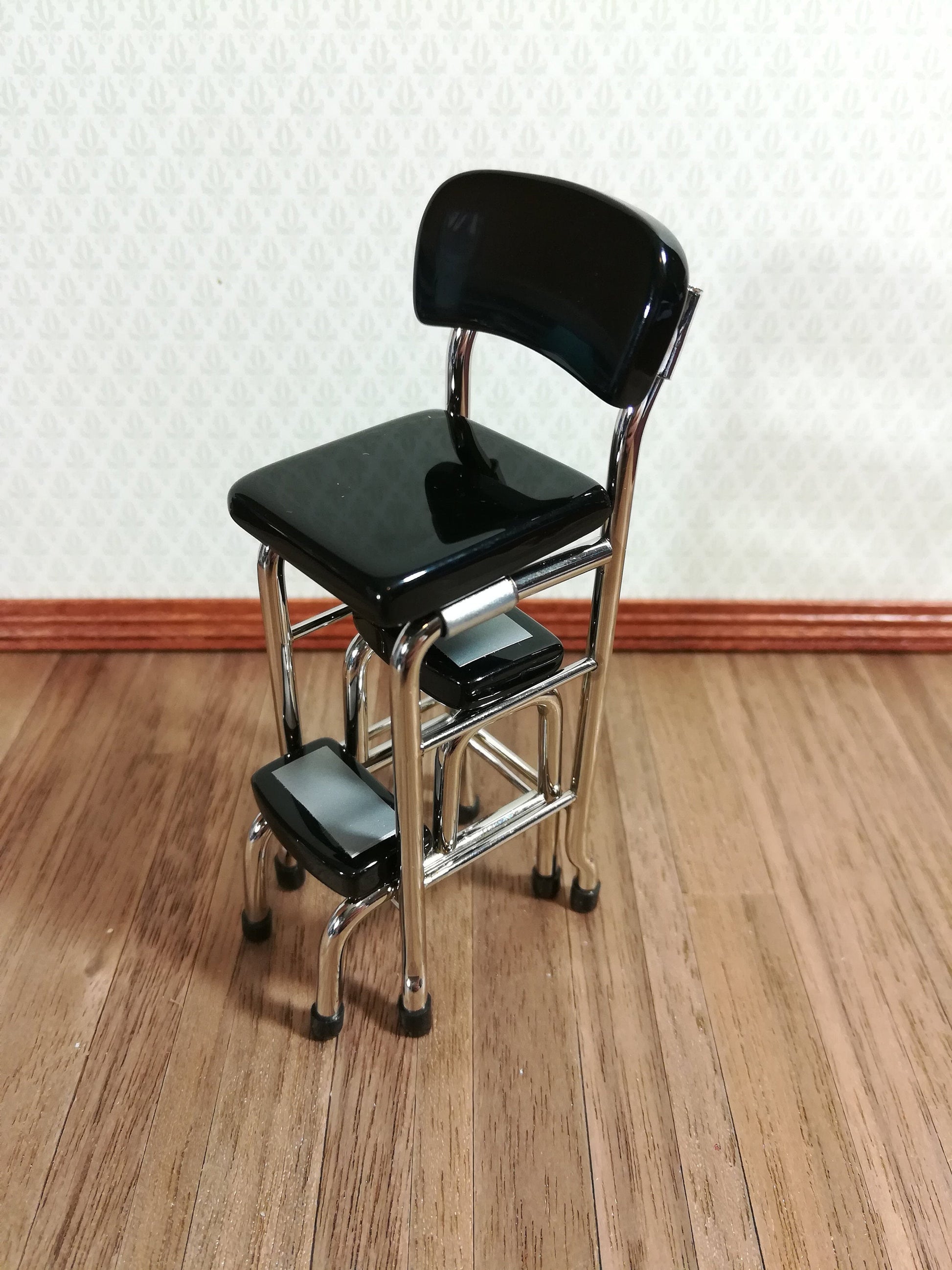 Dollhouse Retro Step Stool Tall Chair 1950s Style Black 1:12 Scale Miniature