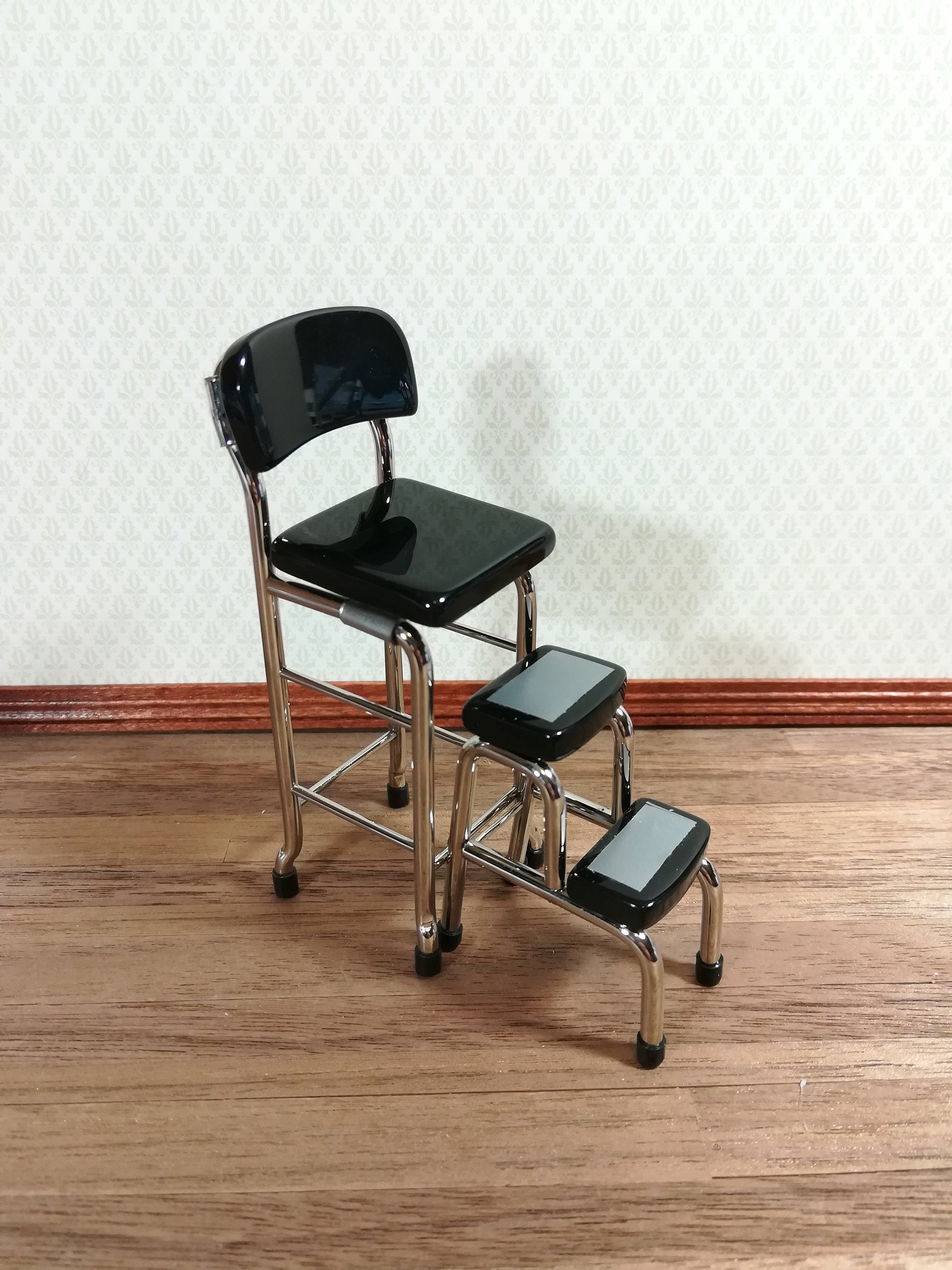 Dollhouse Retro Step Stool Tall Chair 1950s Style Black 1:12 Scale Miniature