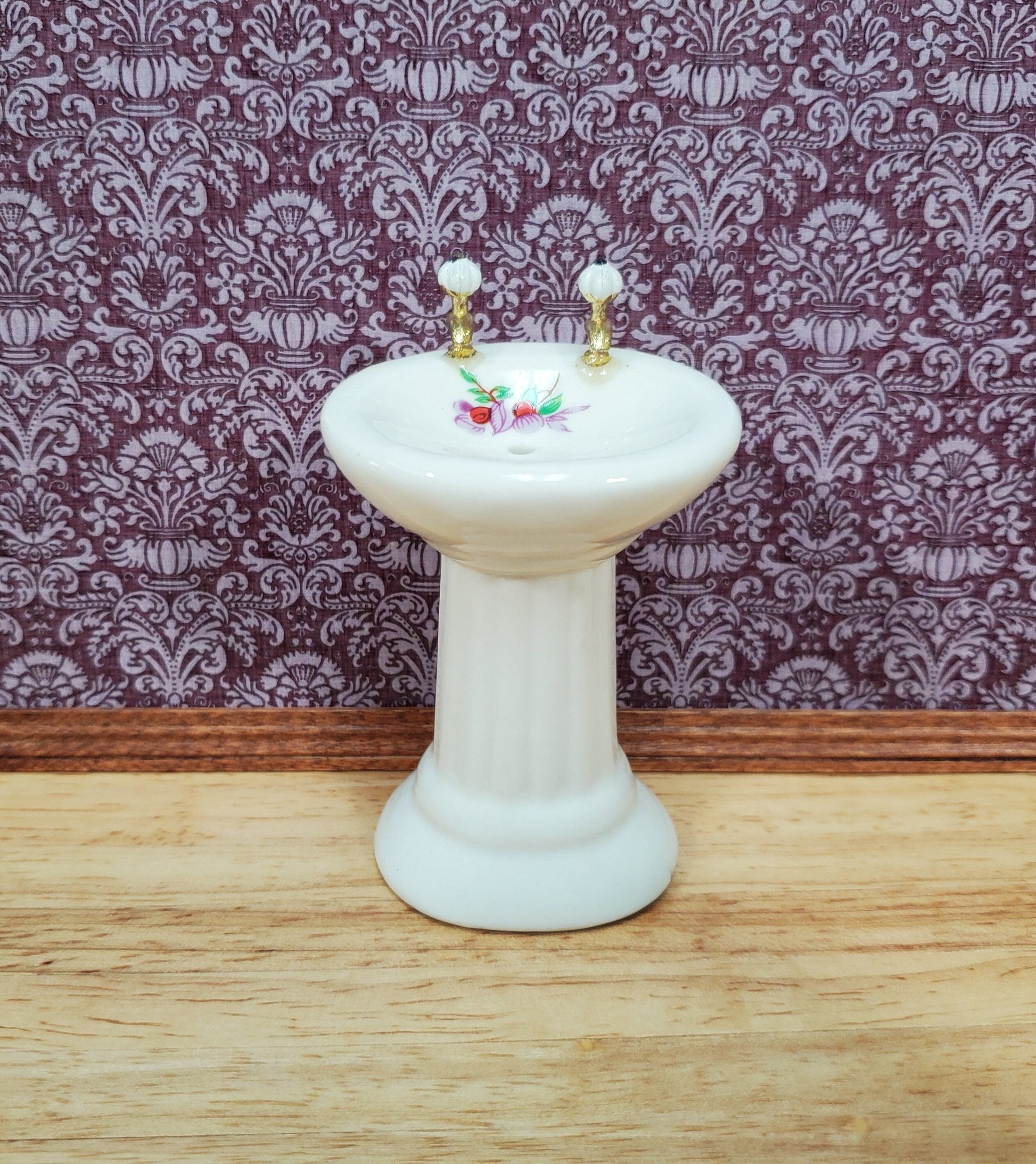 Dollhouse Pedestal Sink Bathroom White Ceramic Gold Handles 1:12 Scale with Decal
