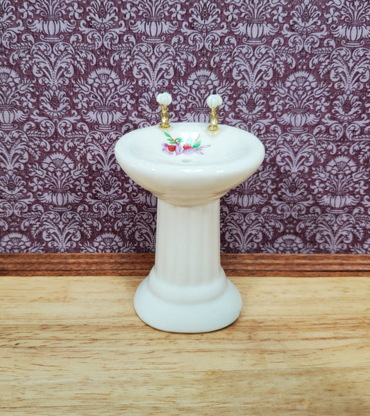 Dollhouse Pedestal Sink Bathroom White Ceramic Gold Handles 1:12 Scale with Decal