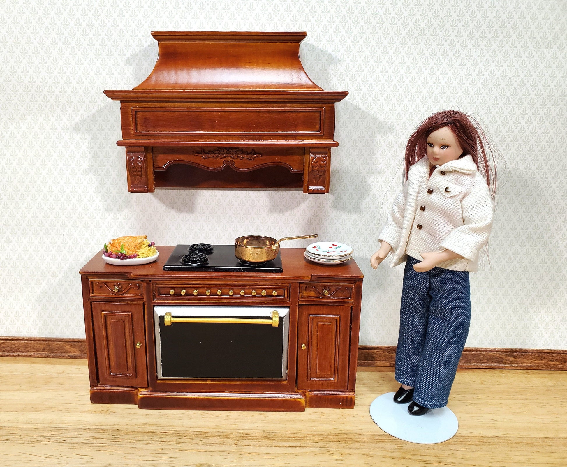Dollhouse Stove Hood Vent Wood Walnut Fnish 1:12 Scale Miniature Kitchen Oven Fan