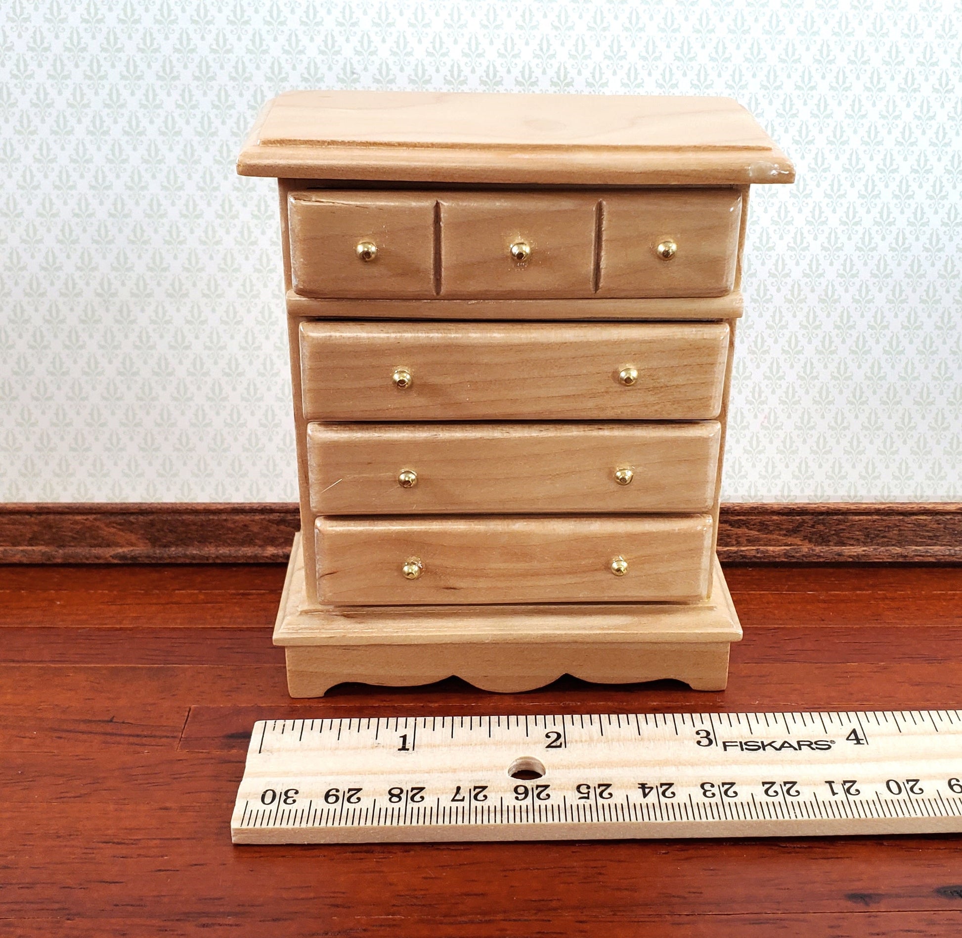 Dollhouse Miniature Dresser Chest Tall 4 Drawer 1:12 Scale Light Oak Finish