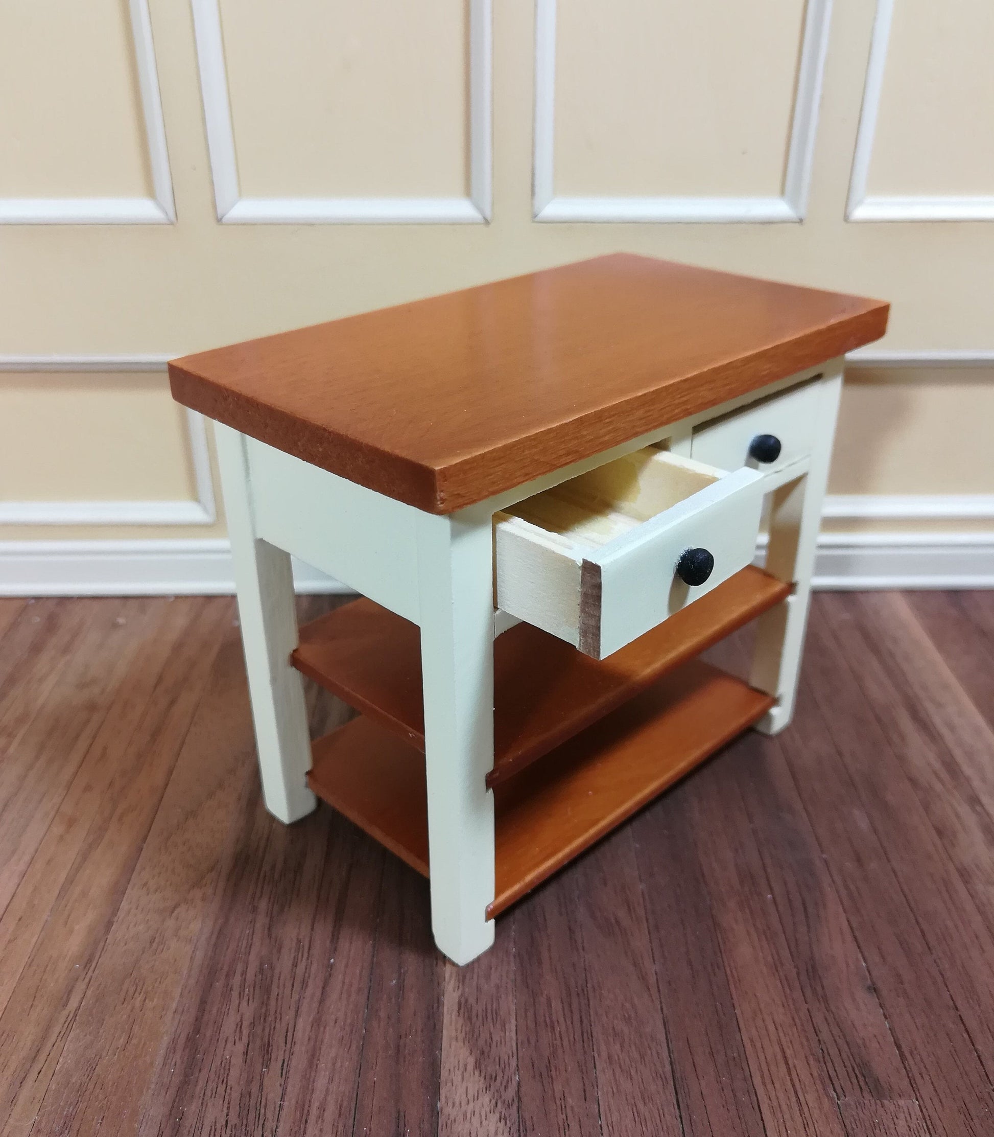 Dollhouse Miniature Kitchen Prep Table Island with Shelves 1:12 Scale Cream