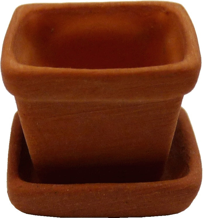 Dollhouse Square Terra Cotta Planter Pot with Square Saucer 1:12 Scale Miniature