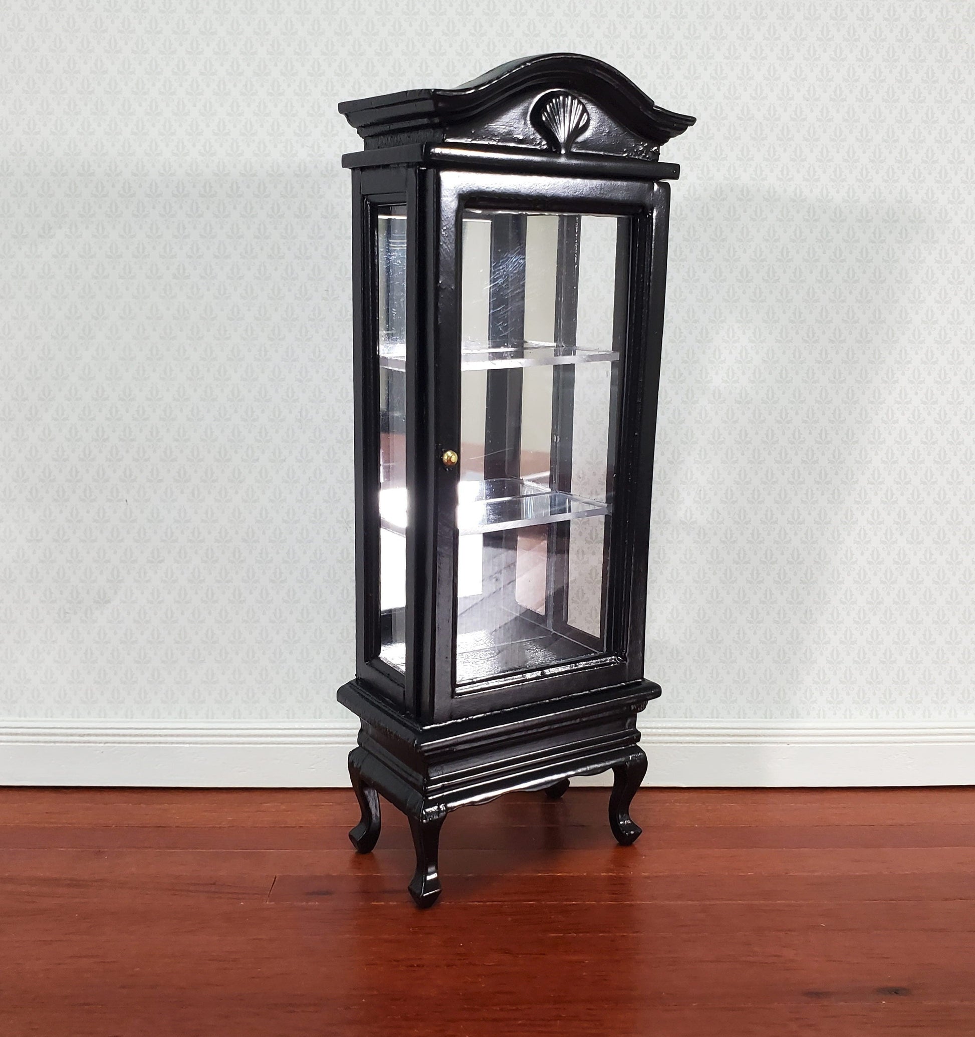 Dollhouse Curio Cabinet Mirrored Back Hutch Black Finish 1:12 Scale Miniature Furniture