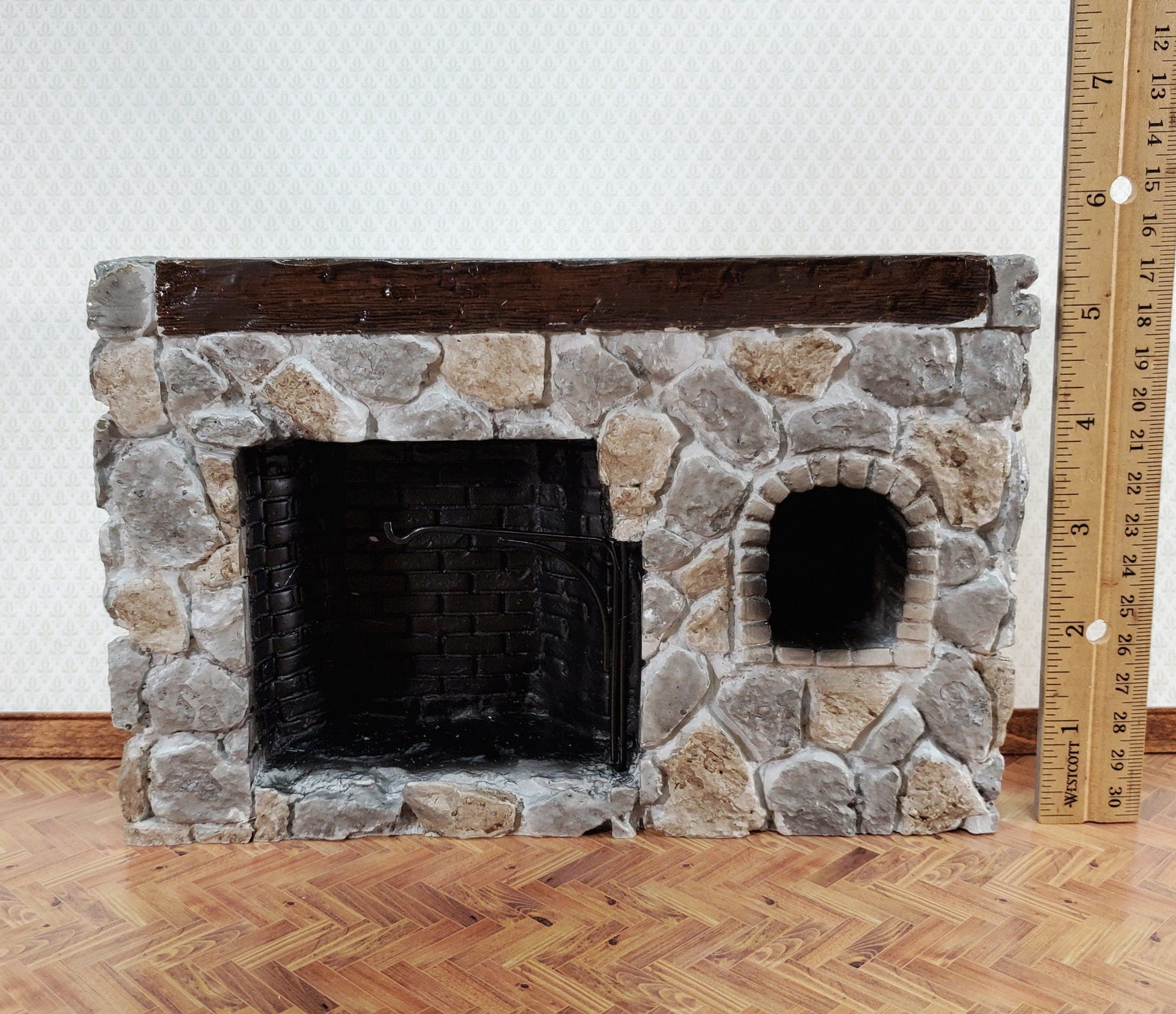Dollhouse Fireplace Large Stone with Crane Walk-In Style Colonial 1:12 Scale Miniature