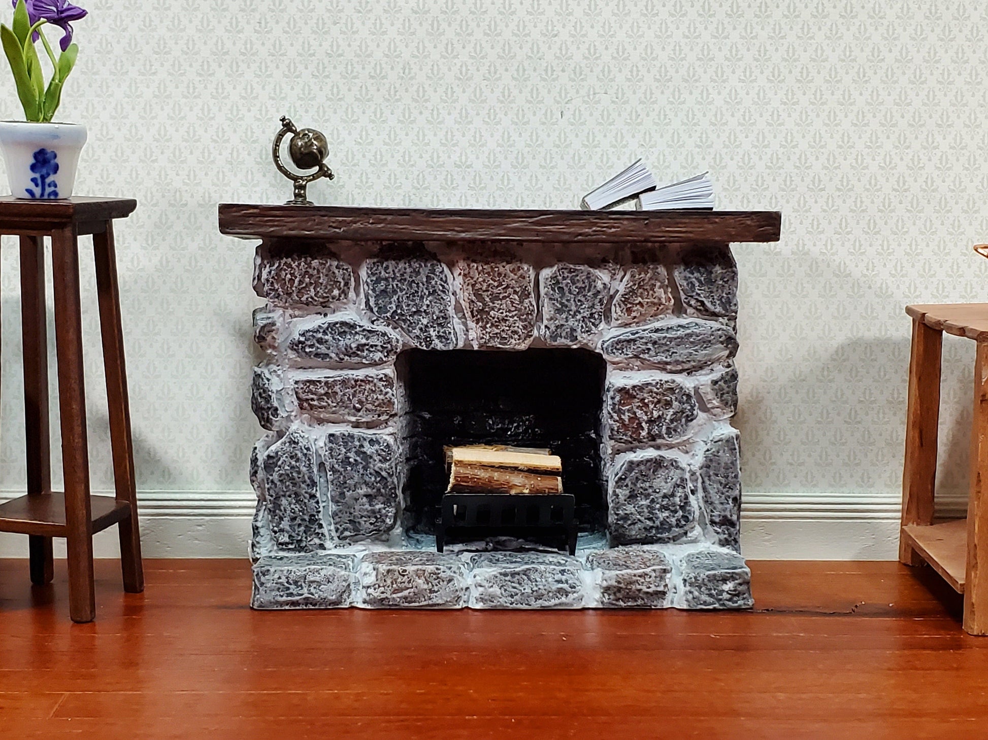 Dollhouse Fireplace with Mantel Gray Stone Fieldstone 1:12 Scale Miniature Furniture