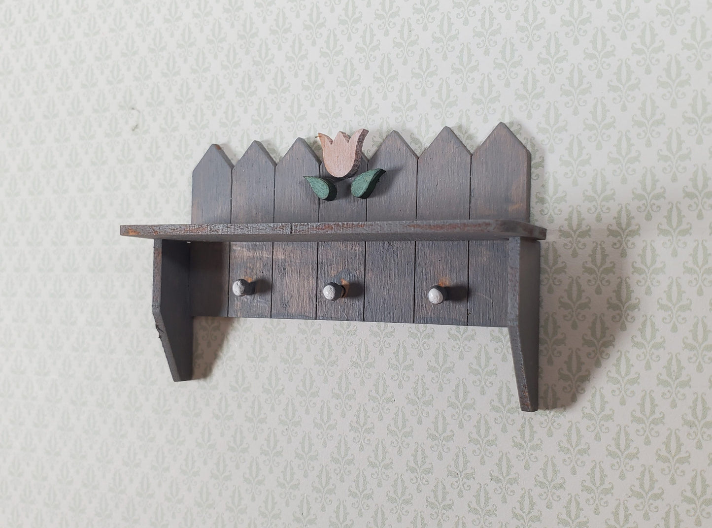 Dollhouse Picket Fence Shelf with Flower Blue Handmade 1:12 Scale Miniature