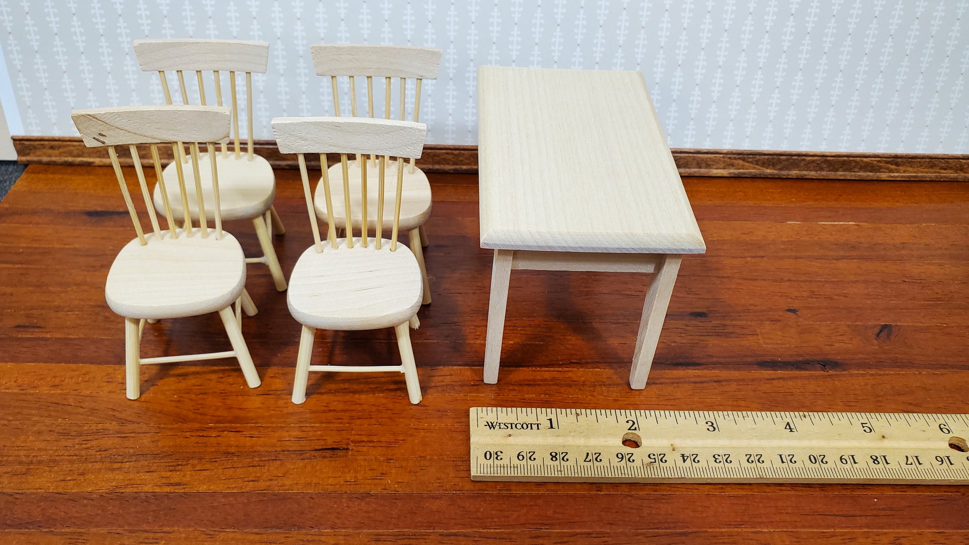 Dollhouse Kitchen Table with 4 Chairs Unpainted 1:12 Scale Miniature Furniture