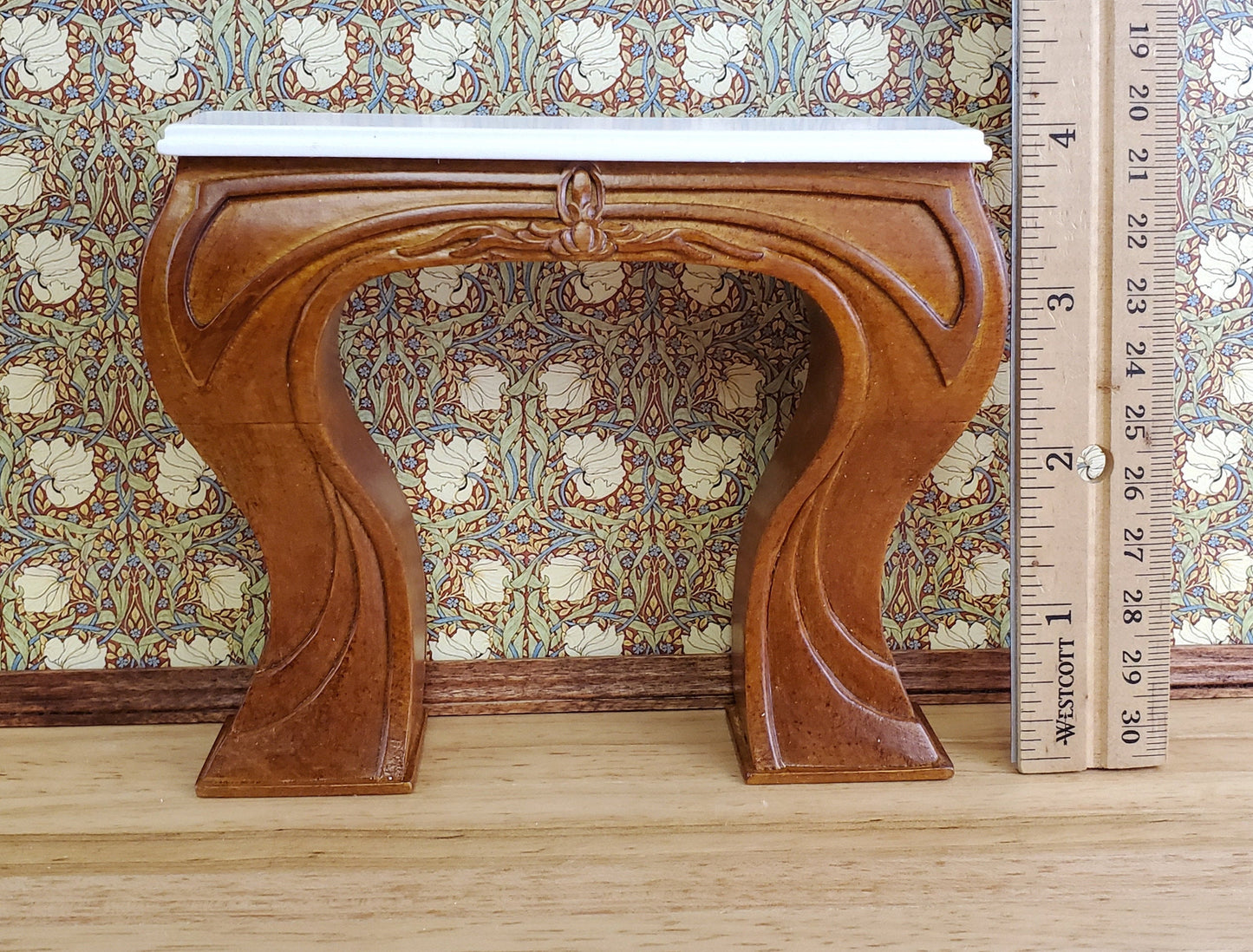 JBM Dollhouse Fireplace Art Nouveau Style 1:12 Scale Miniature Walnut Finish