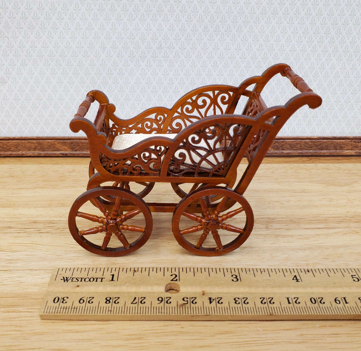 Dollhouse Baby Carriage Stroller Victorian Style 1:12 Scale Furniture Walnut Finish