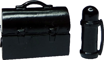 Dollhouse Black Metal Lunch Box with Matching Thermos 1:12 Scale Miniature