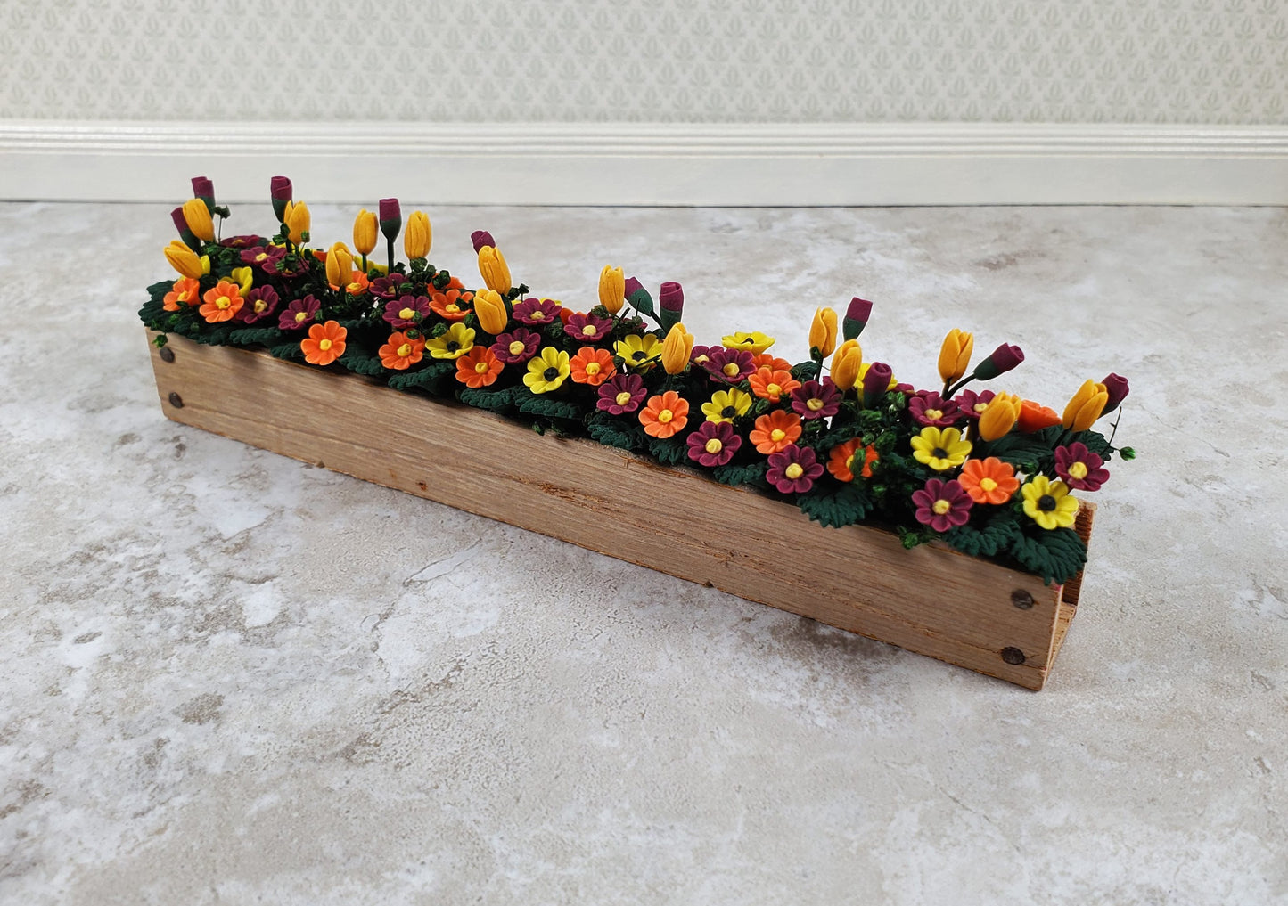 Dollhouse Fall Flowers in a 5.5" Wooden Window Box Planter 1:12 Scale Miniature