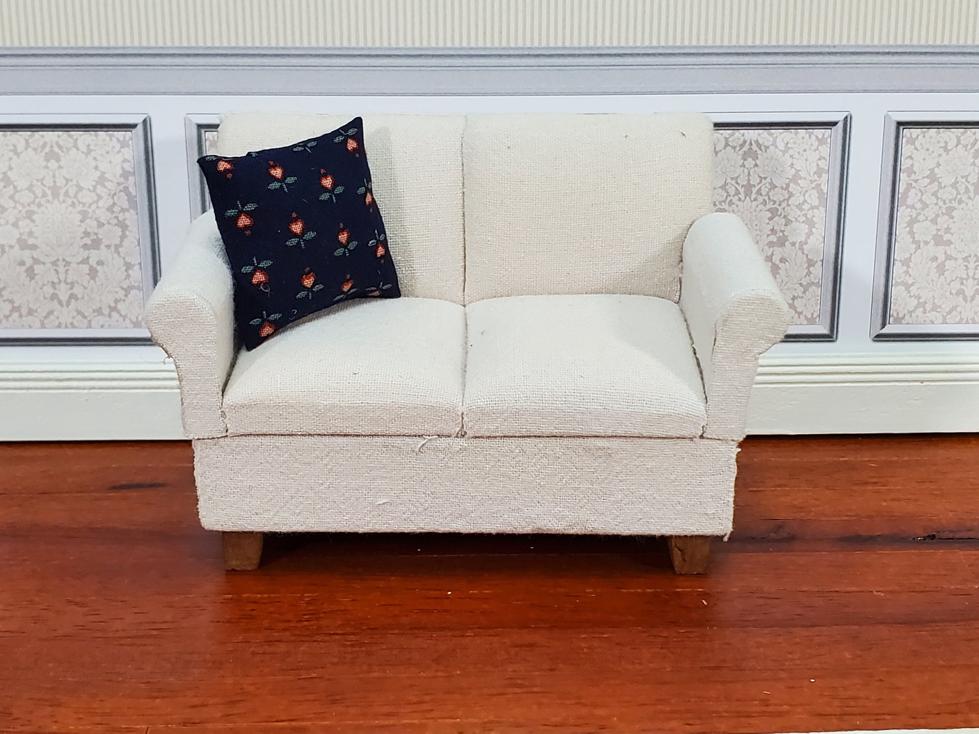 Dollhouse Pillow Flower Hearts Print Black Pink Green Handmade 1:12 Scale Miniature 1 1/2"