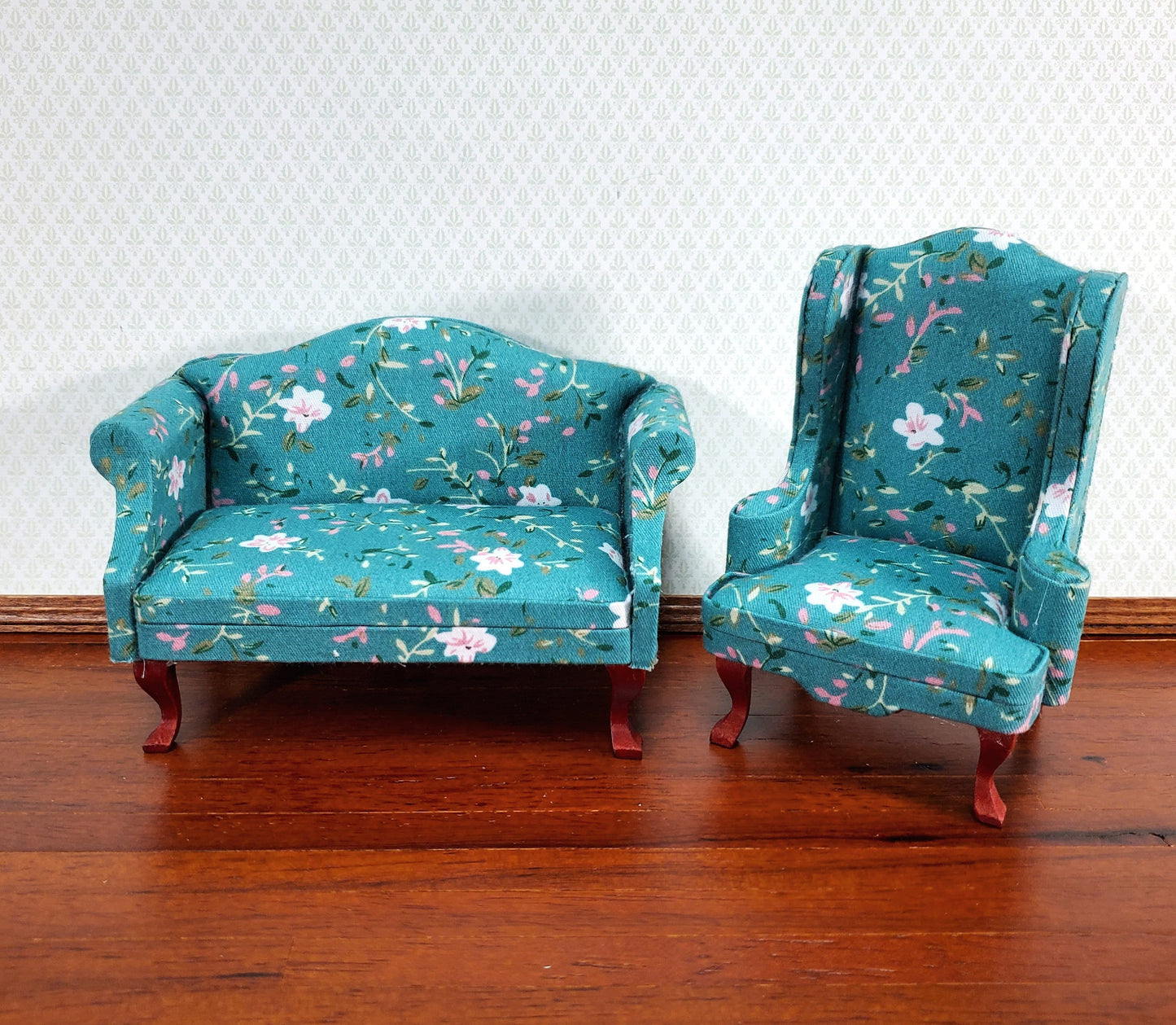 Dollhouse Arm Chair Wing Back Turquoise Floral Fabric 1:12 Scale Miniature