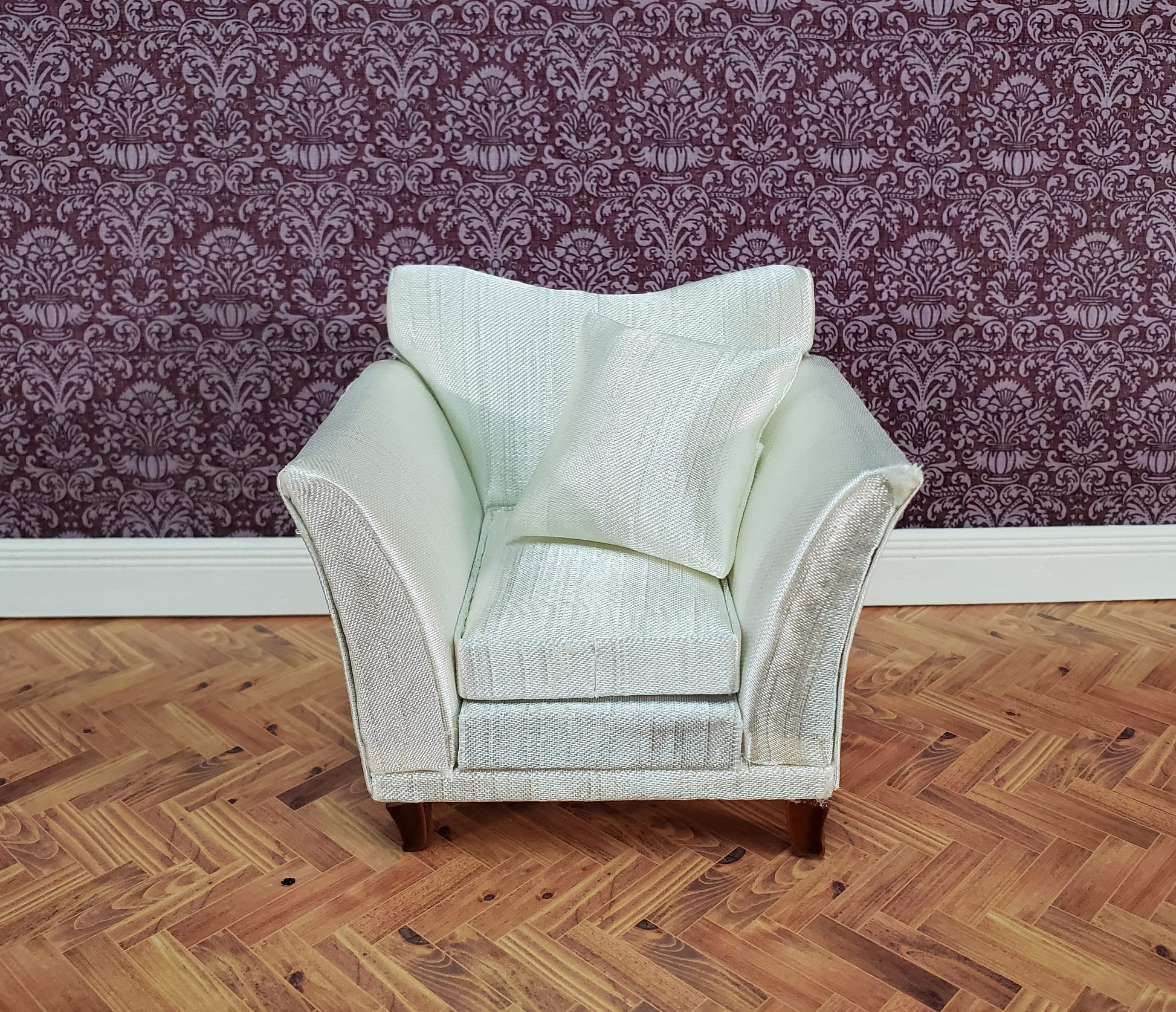 Dollhouse Arm Chair Cream Faux Silk with Cushion 1:12 Scale Miniature Furniture