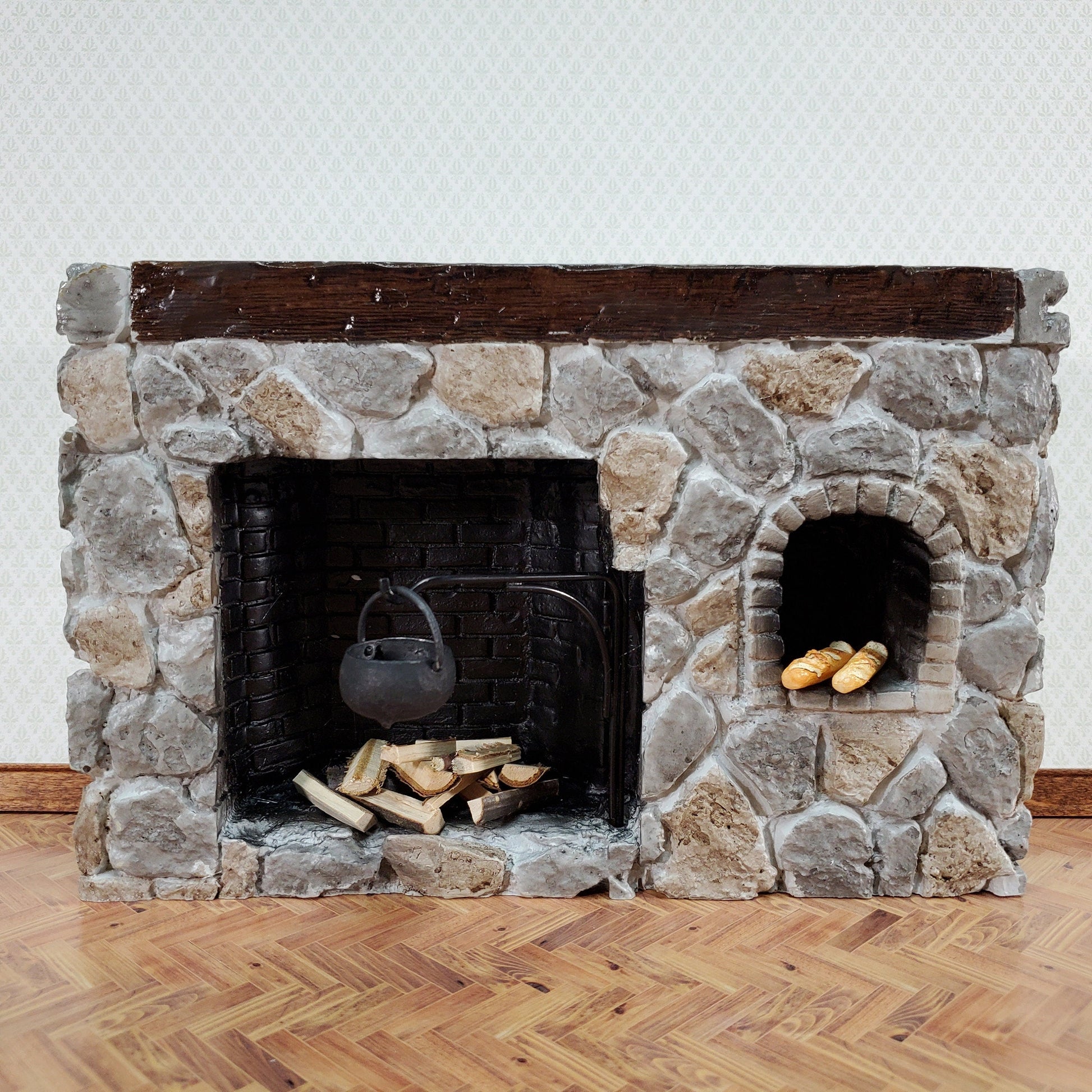 Dollhouse Fireplace Large Stone with Crane Walk-In Style Colonial 1:12 Scale Miniature