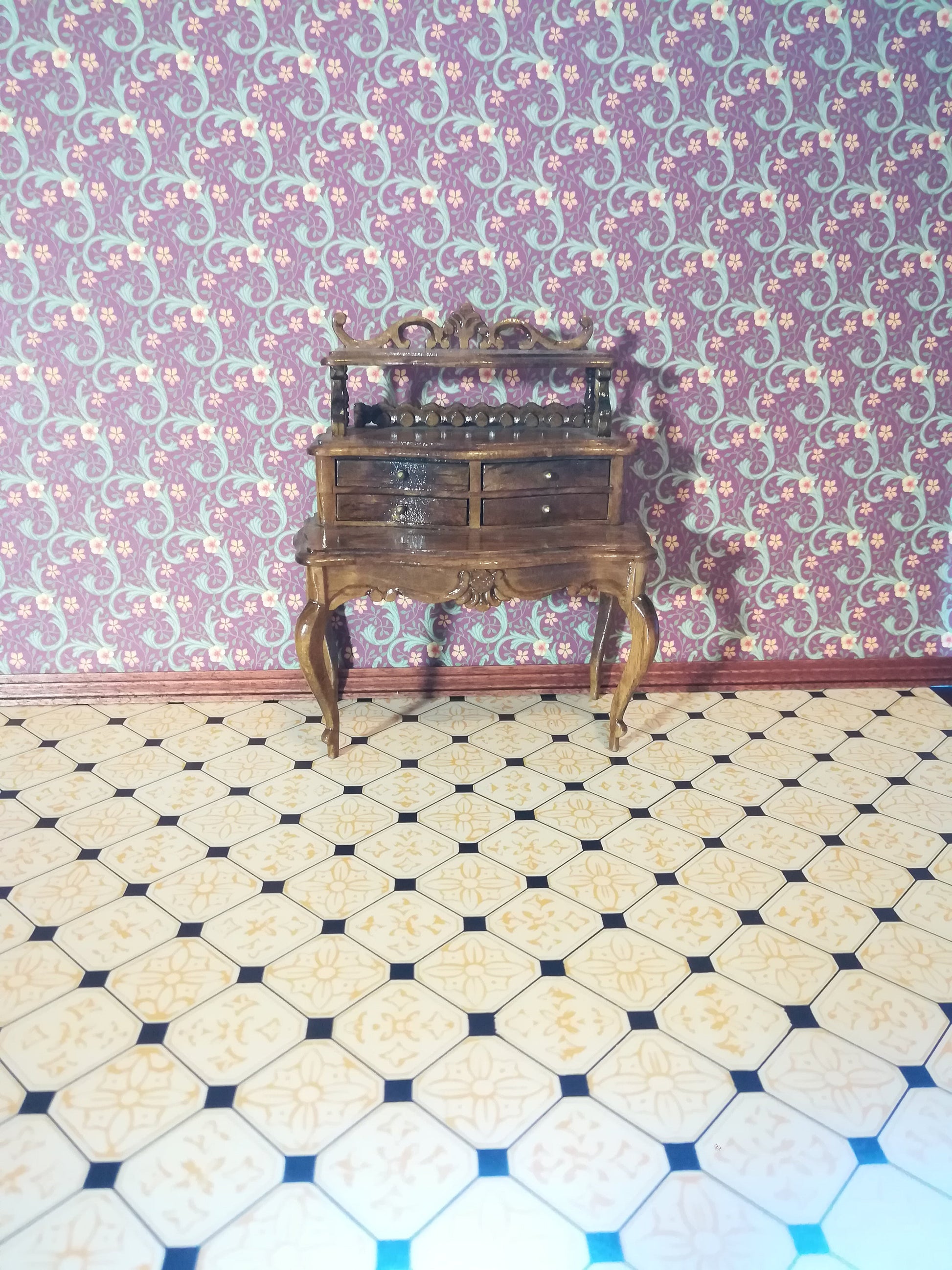 Dollhouse Black & Beige Victorian Faux Tile Floor or Wallpaper Sheet 1:12 Scale