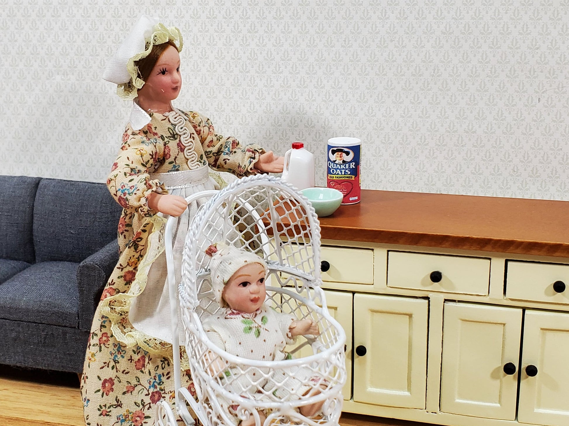 Dollhouse Pram Stroller Carriage White Metal Wire 1:12 Scale Nursery Miniature Furniture