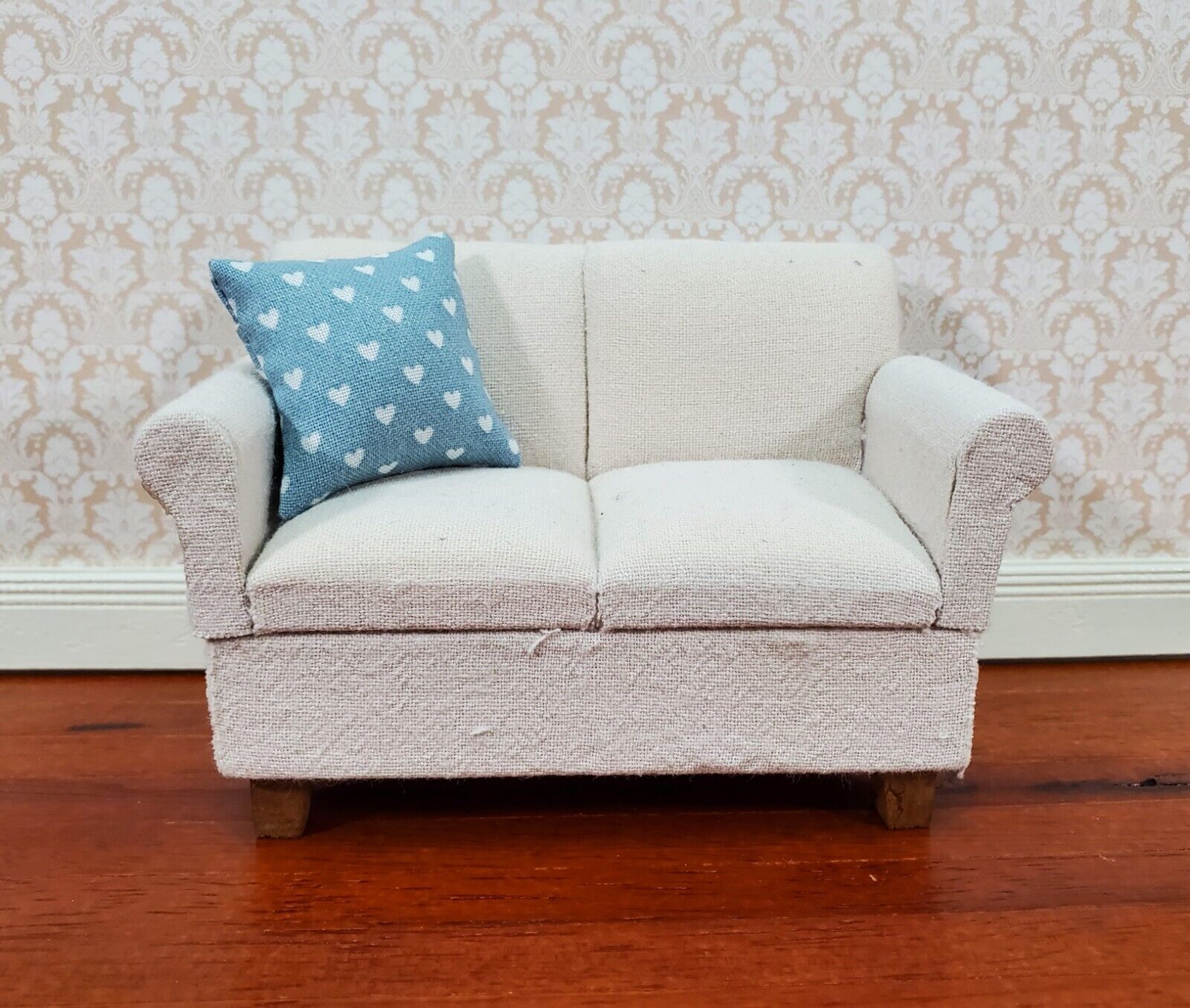 Dollhouse Pillow Hearts Print Blue & White Handmade 1:12 Scale Miniature 1 1/2"