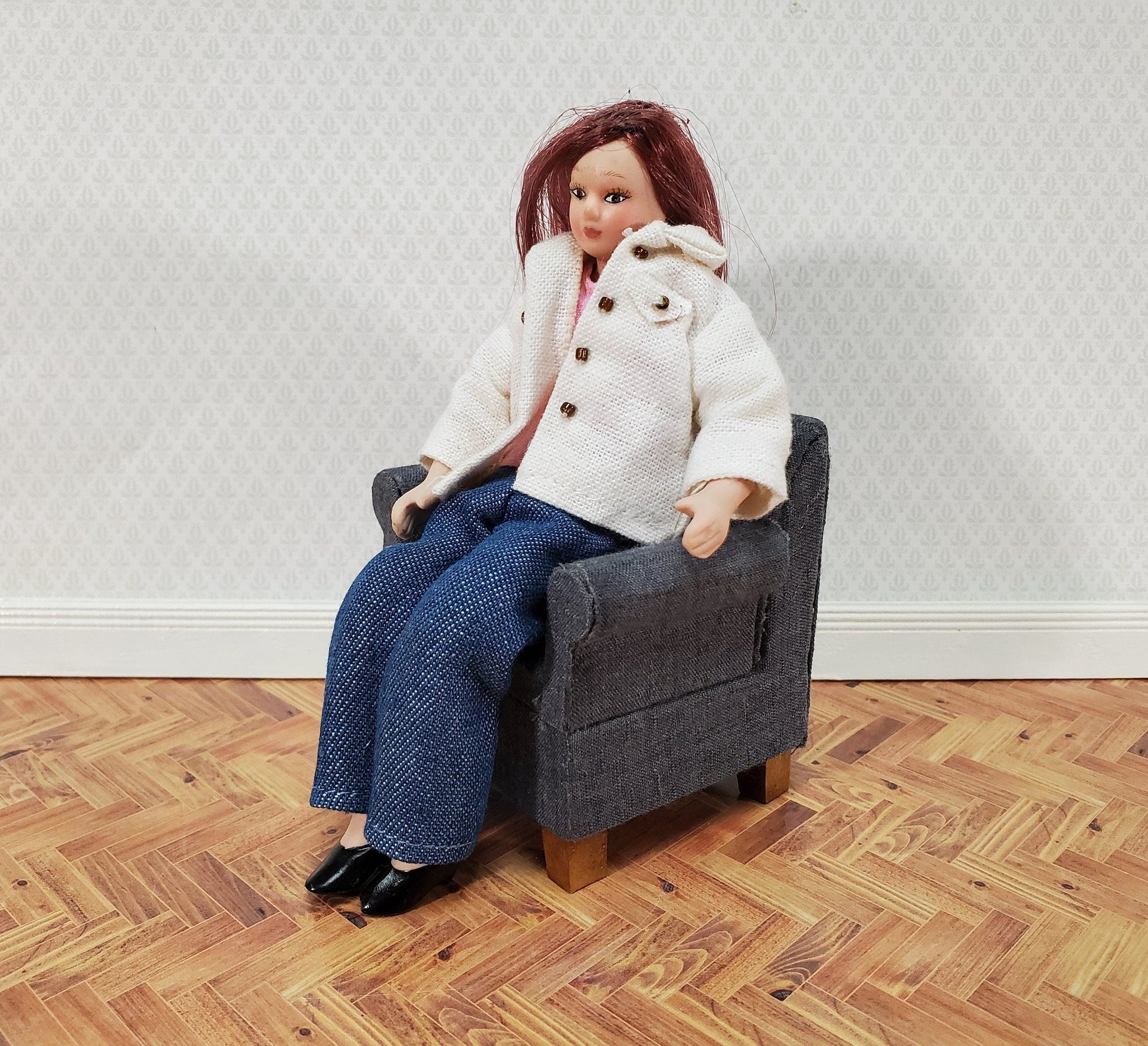 Dollhouse Compact Living Room Club Chair Dark Gray Fabric 1:12 Scale Miniature Furniture
