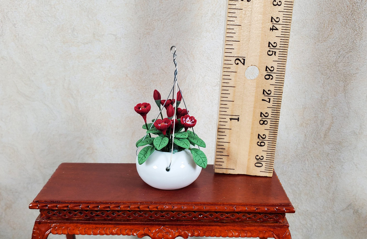 Dollhouse Hanging Basket of Red Flowers White Ceramic Pot 1:12 Scale Miniature