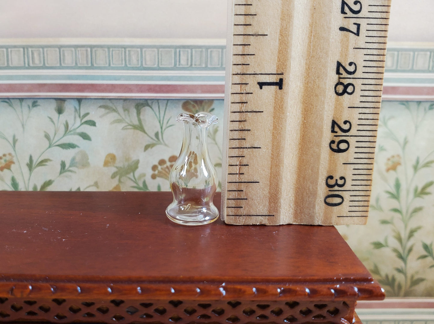 Dollhouse Clear Glass Pedestal Fluted Vase 1:12 Scale Miniature Flowers Decor