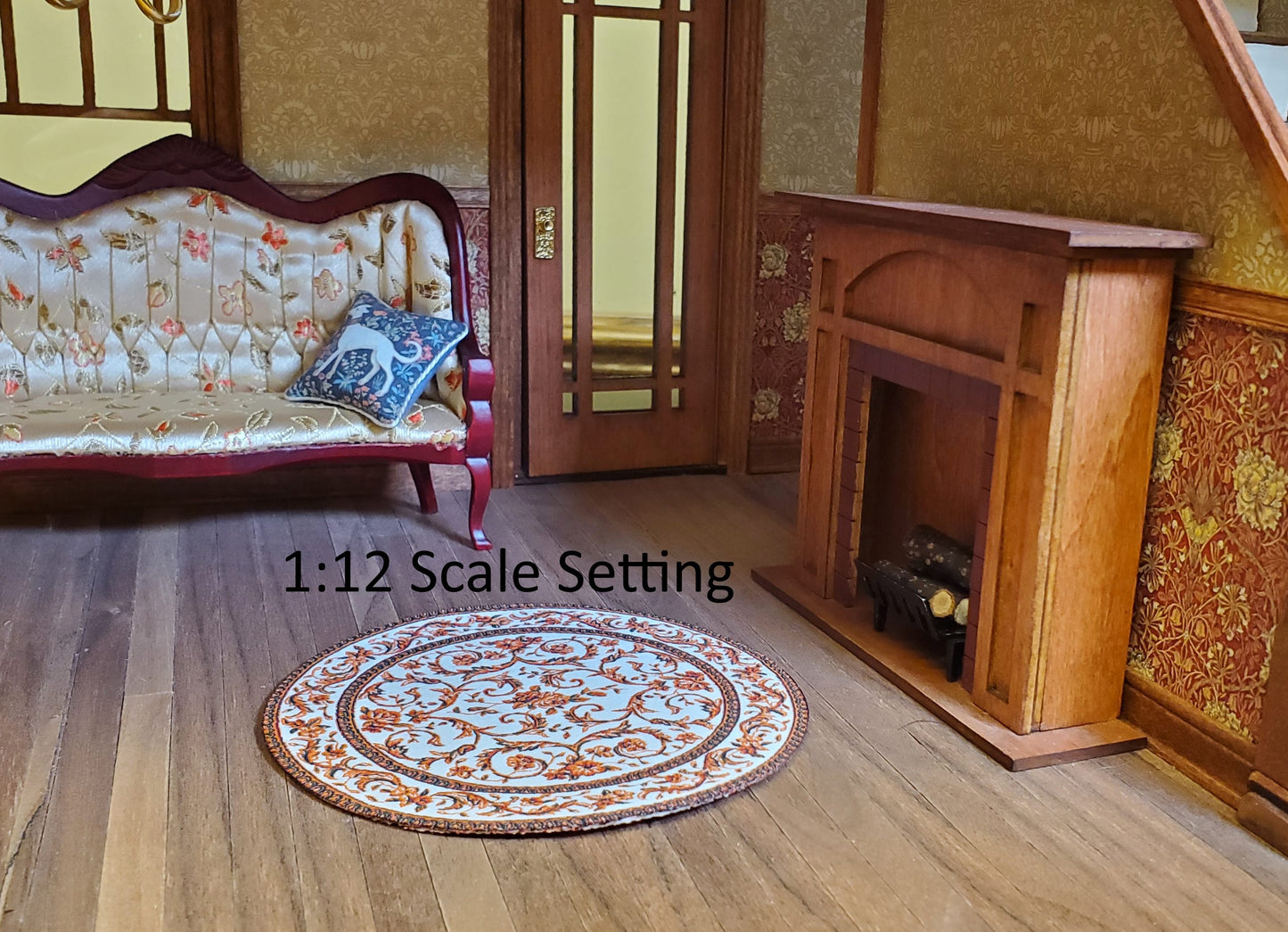 Dollhouse Small Round Rug Fabric Floral Use in 1:12 or 1:24 Scales 4.25" Across