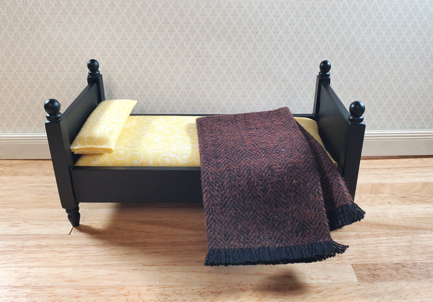 Dollhouse Fringed Blanket Throw Chocolate & Black Herringbone Fabric