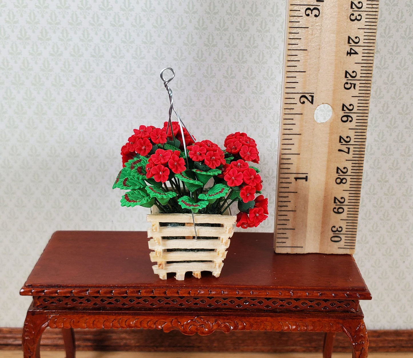 Dollhouse Red Geraniums in a Wood Hanging Basket 1:12 Scale Miniature