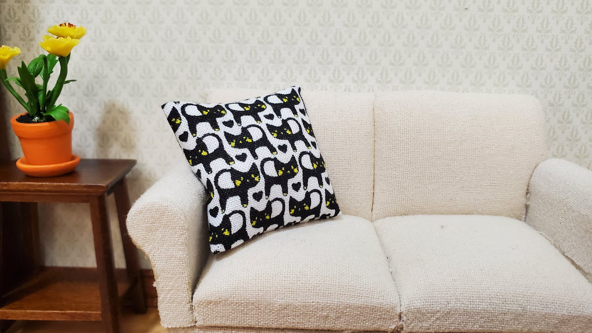 Dollhouse Pillow Black Cats Modern Handmade 1:12 Scale Miniature 1 1/2"