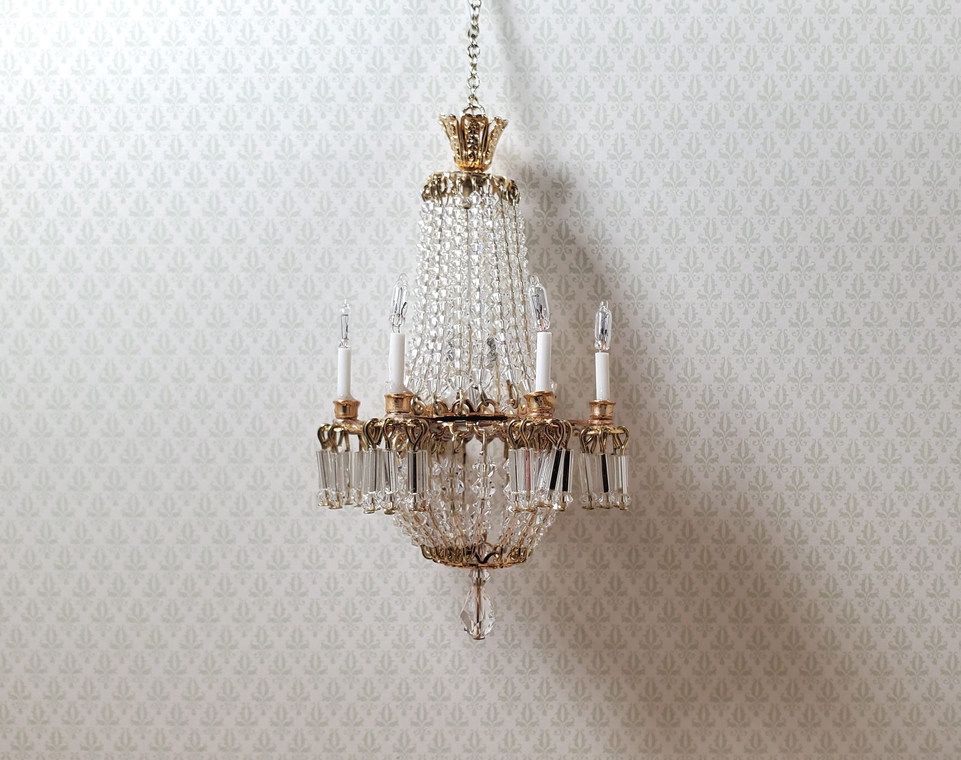 Dollhouse Crystal Chandelier Grand 6 Arm Real Glass 12 Volt 1:12 Scale Miniature