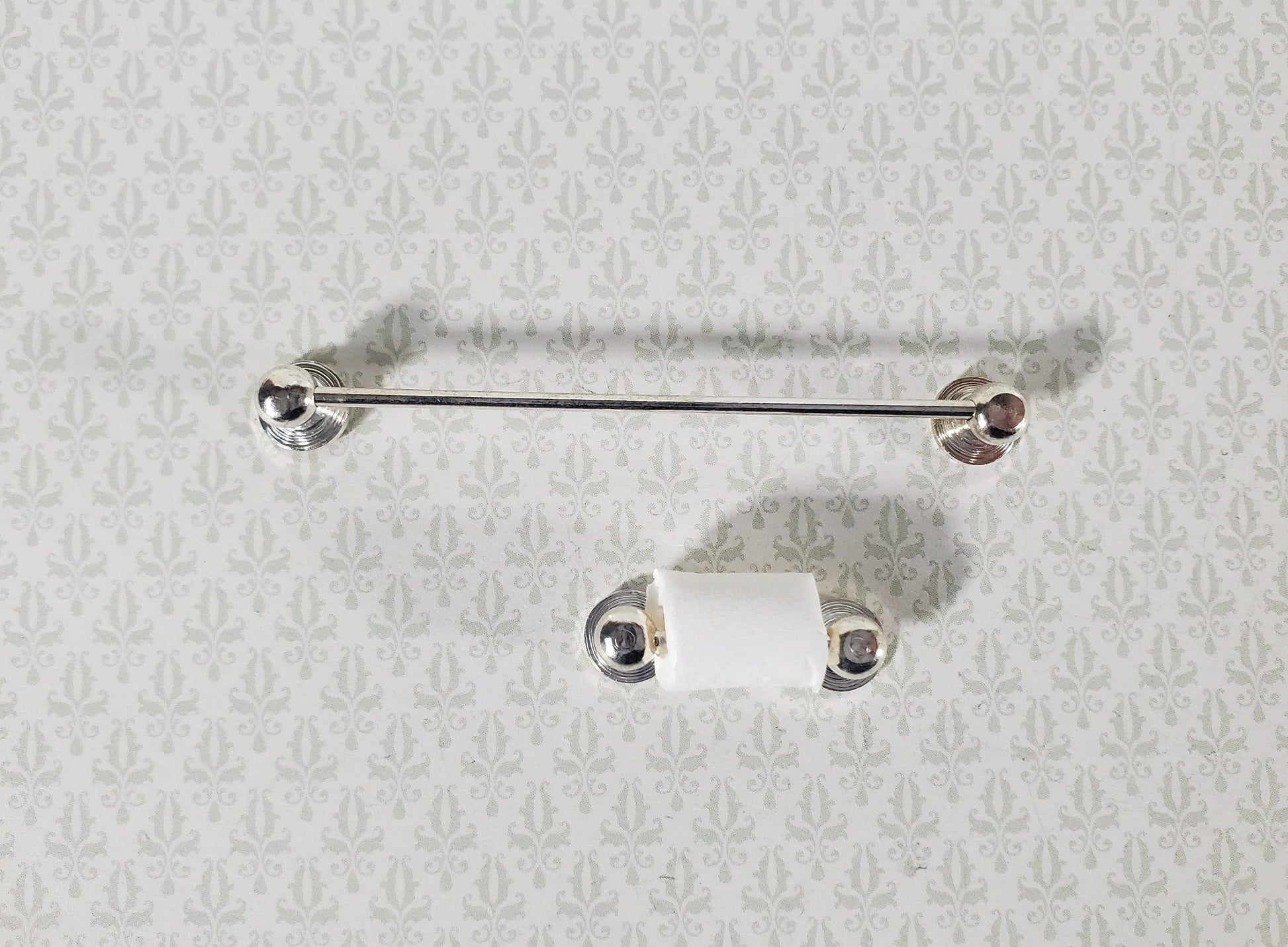 Dollhouse Miniature Towel Rod & Toilet Paper Holder Bathroom 1:12 Scale Silver